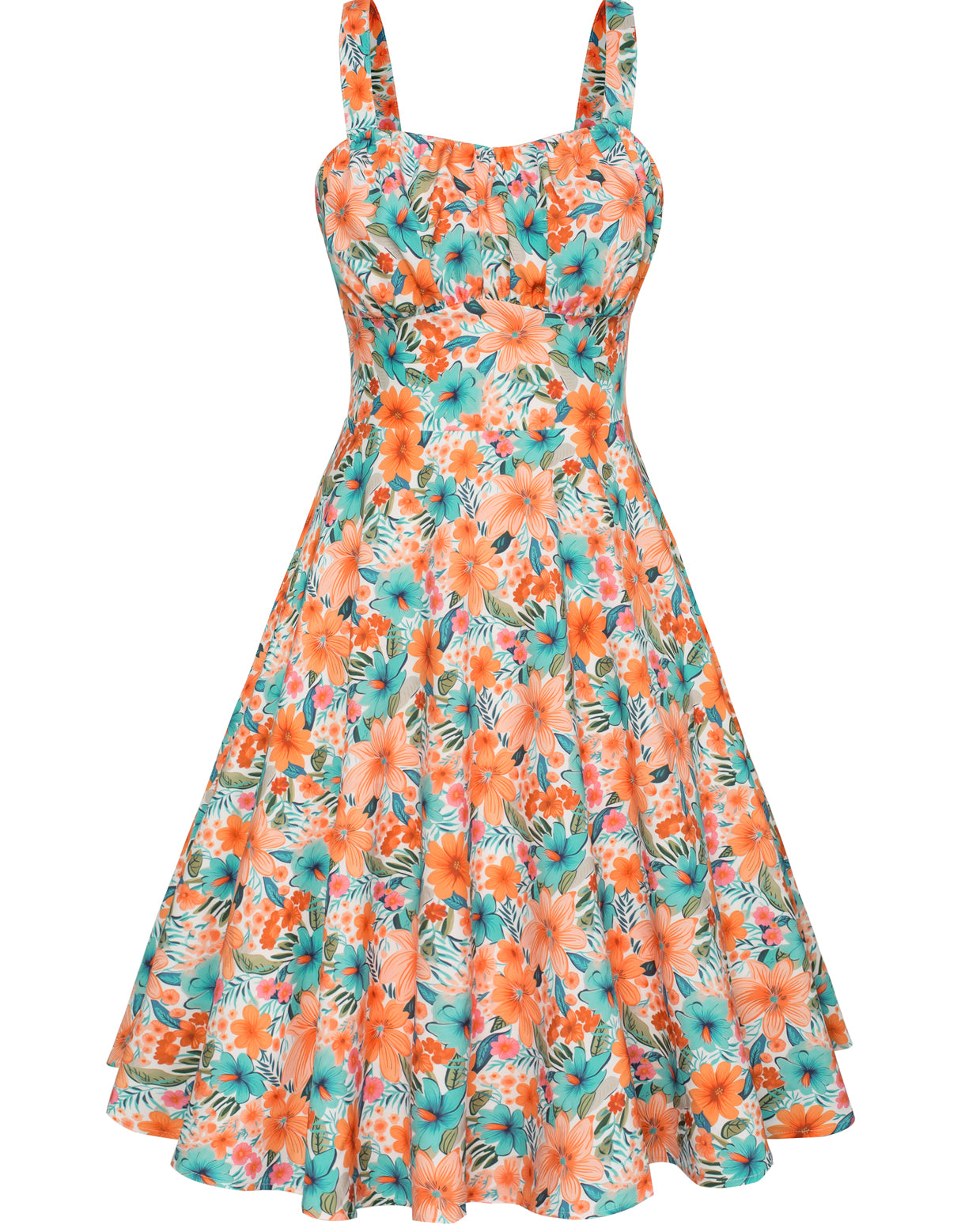 belle poque Vintage Two-Way Defined Waist Dress Ruched Bodice Flared A-Line Dress Orange