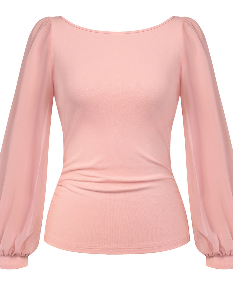 belle poque Women's Mesh Long Sleeve Tops Bow Tie Back Dressy Blouses Pink