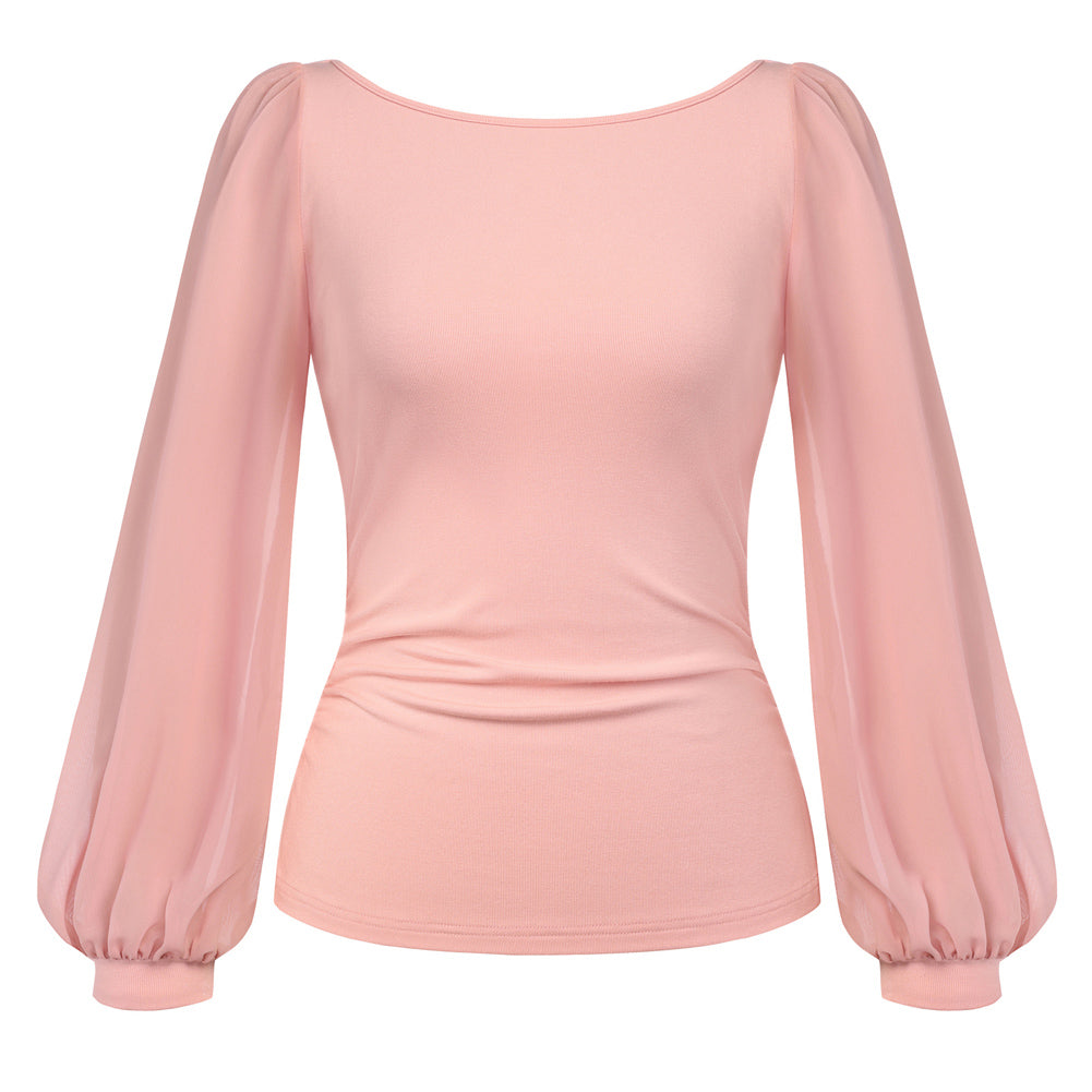 belle poque Women's Mesh Long Sleeve Tops Bow Tie Back Dressy Blouses Pink