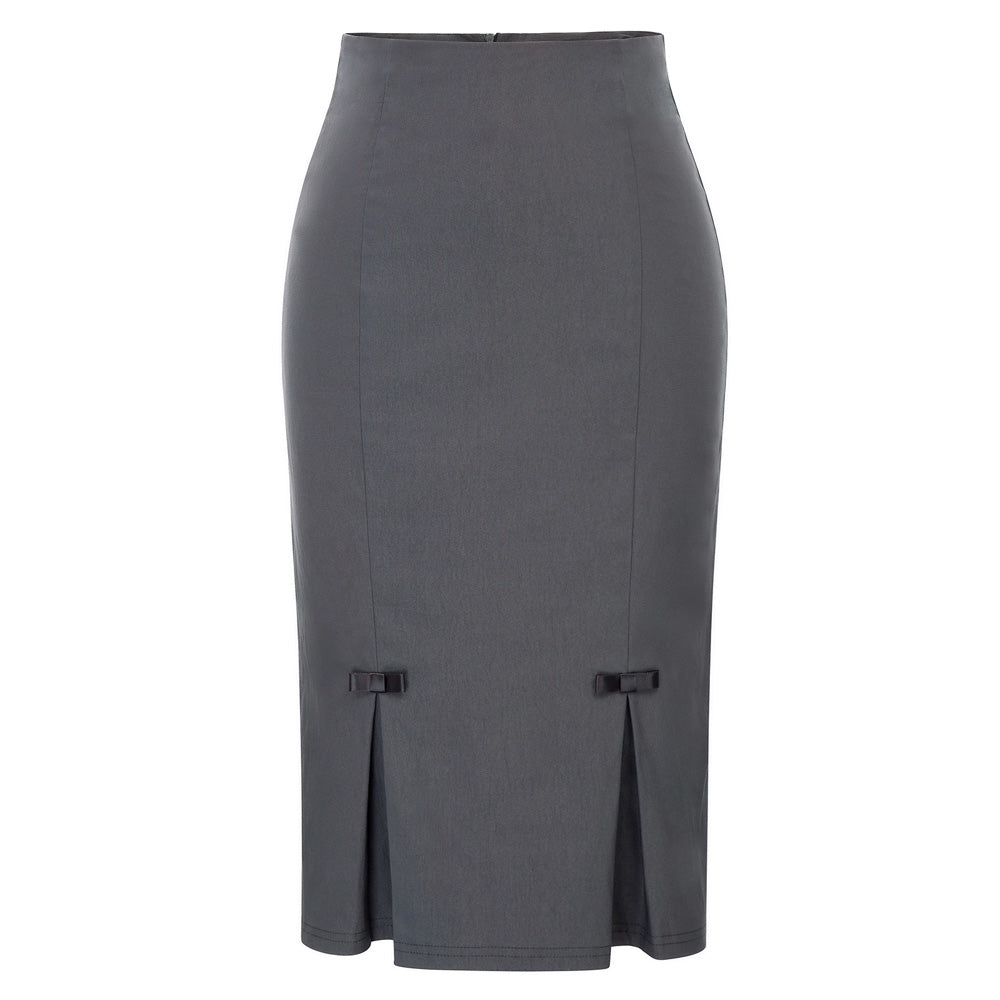 belle poque Vintage Bow-Knot Decorated Hips-Wrapped Bodycon Pencil Skirt Dark Gray