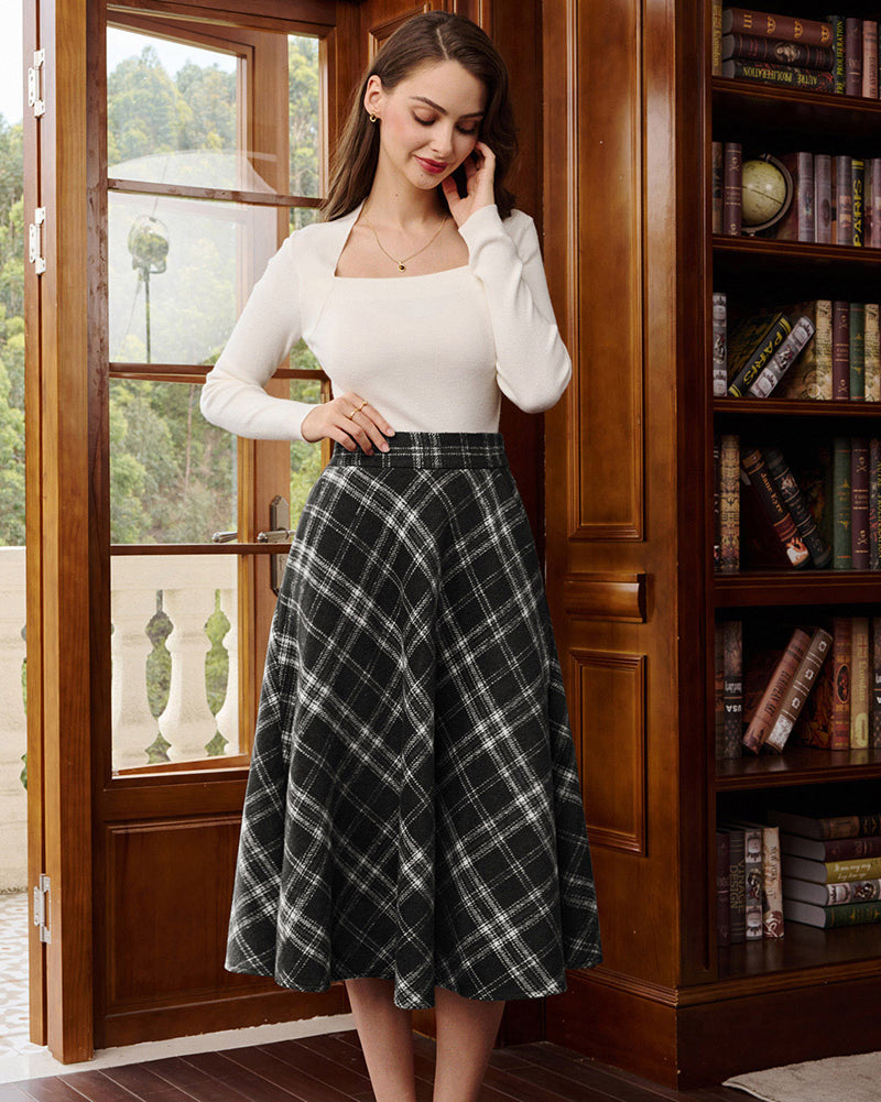 belle poque Women Vintage Plaided Swing Skirt Elastic Waist Mid-Calf Length A-Line Skirt