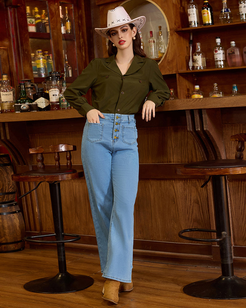 belle poque Vintage Straight Leg High Waisted Elastic Waist Multi-Pocket Flare Denim Pants