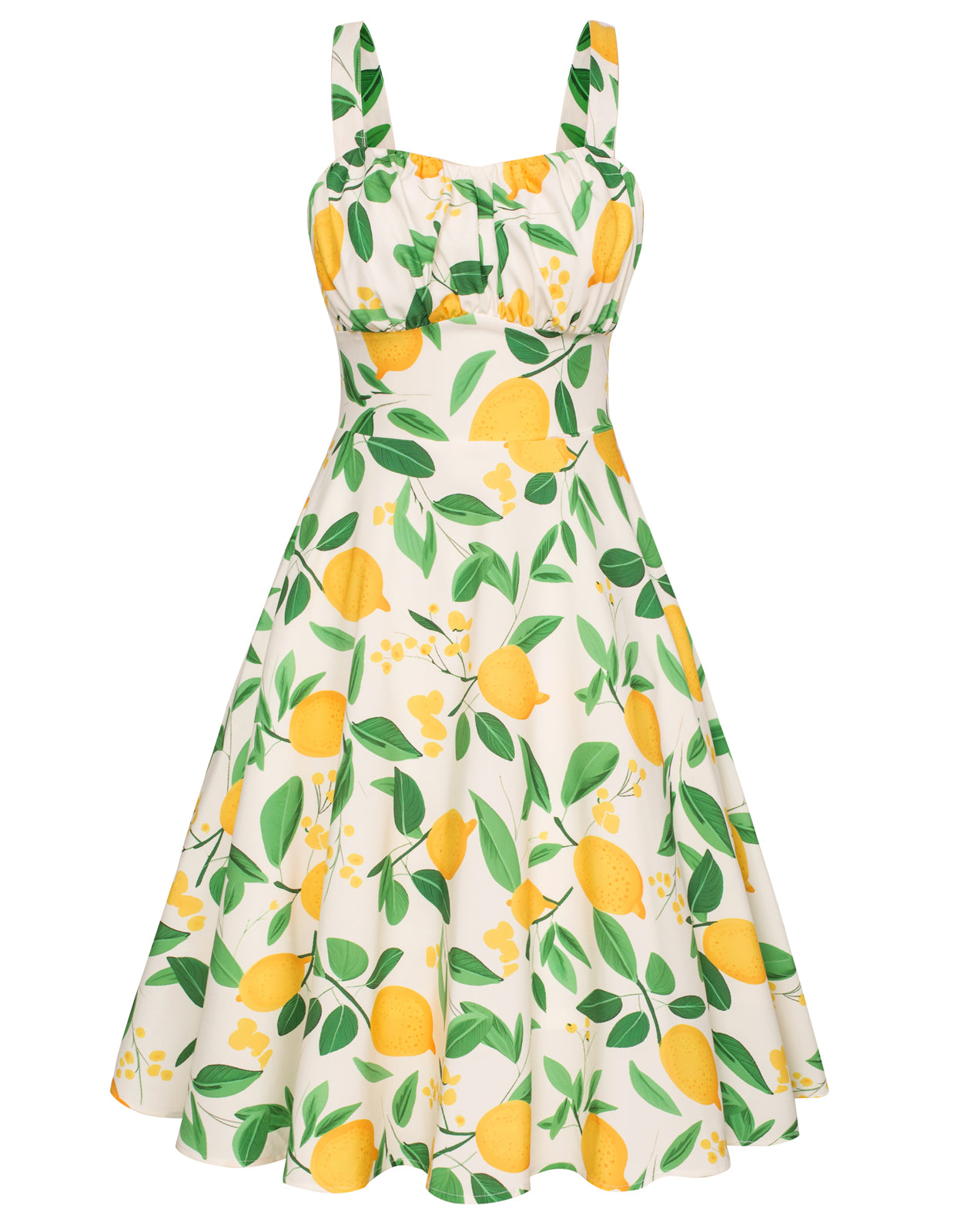 belle poque Vintage Two-Way Defined Waist Dress Ruched Bodice Flared A-Line Dress Lemon