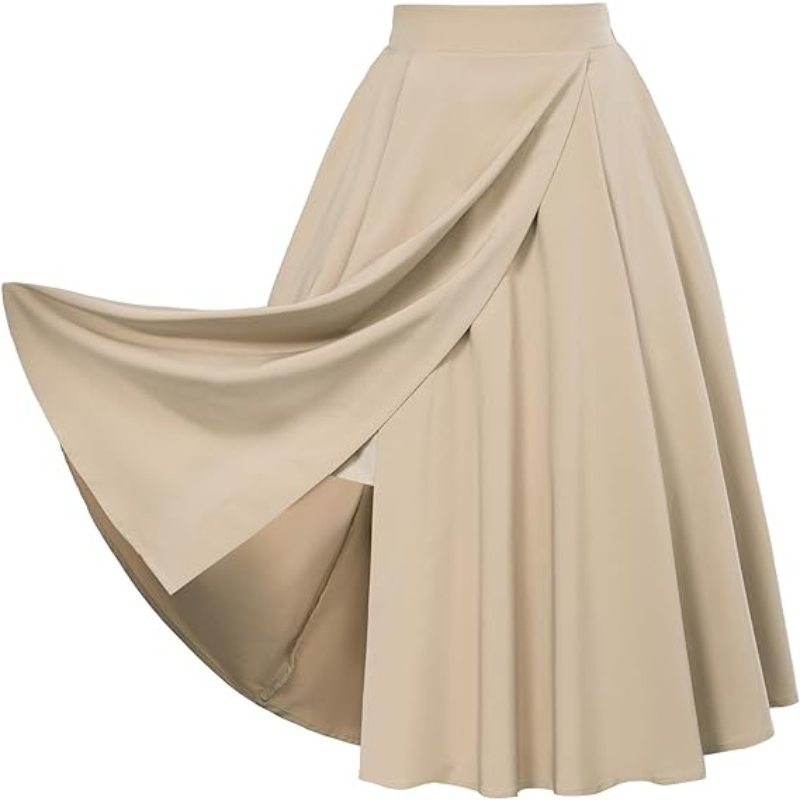 belle poque Vintage Skirts with Side Slit High Waisted Midi A-Line Flowy Skirts with Pockets Ivory