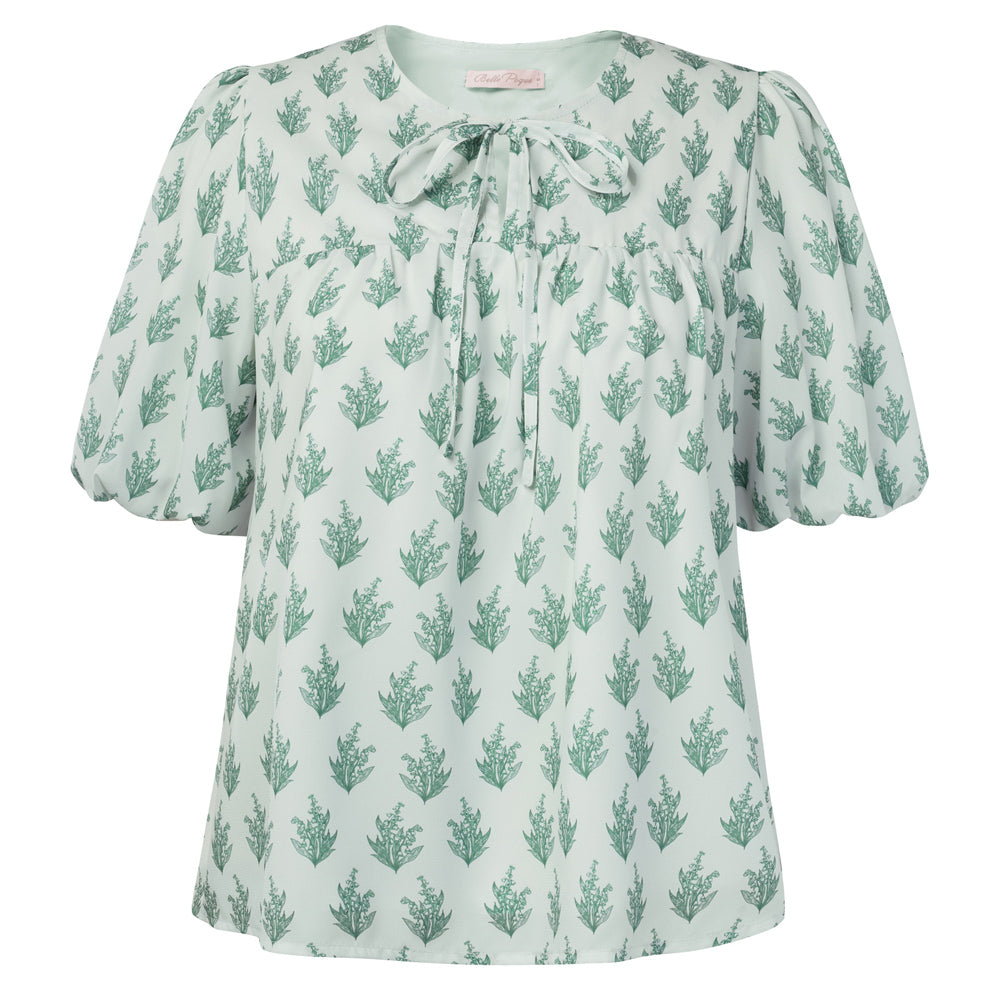 belle poque Floral Babydoll Tops for Women Puff Sleeve Tie Front Blouse Boho Tops Outfits Green
