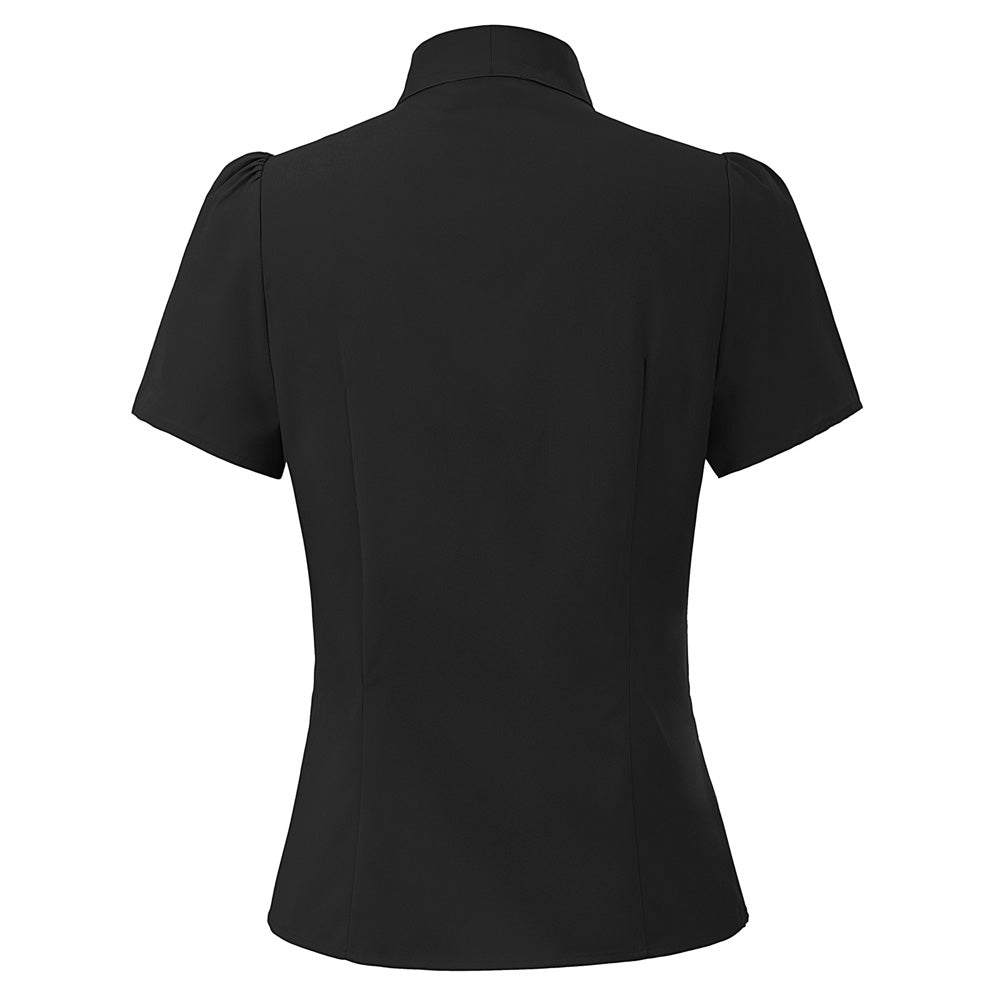 belle poque Summer Short Sleeve Office Button Down Blouse Stripe Shirt Tops with Bow Tie