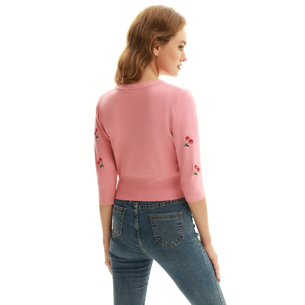 belle poque Women's 3/4 Sleeve Button Down Cherries Embroidery Cropped Cardigan Sweater Coat