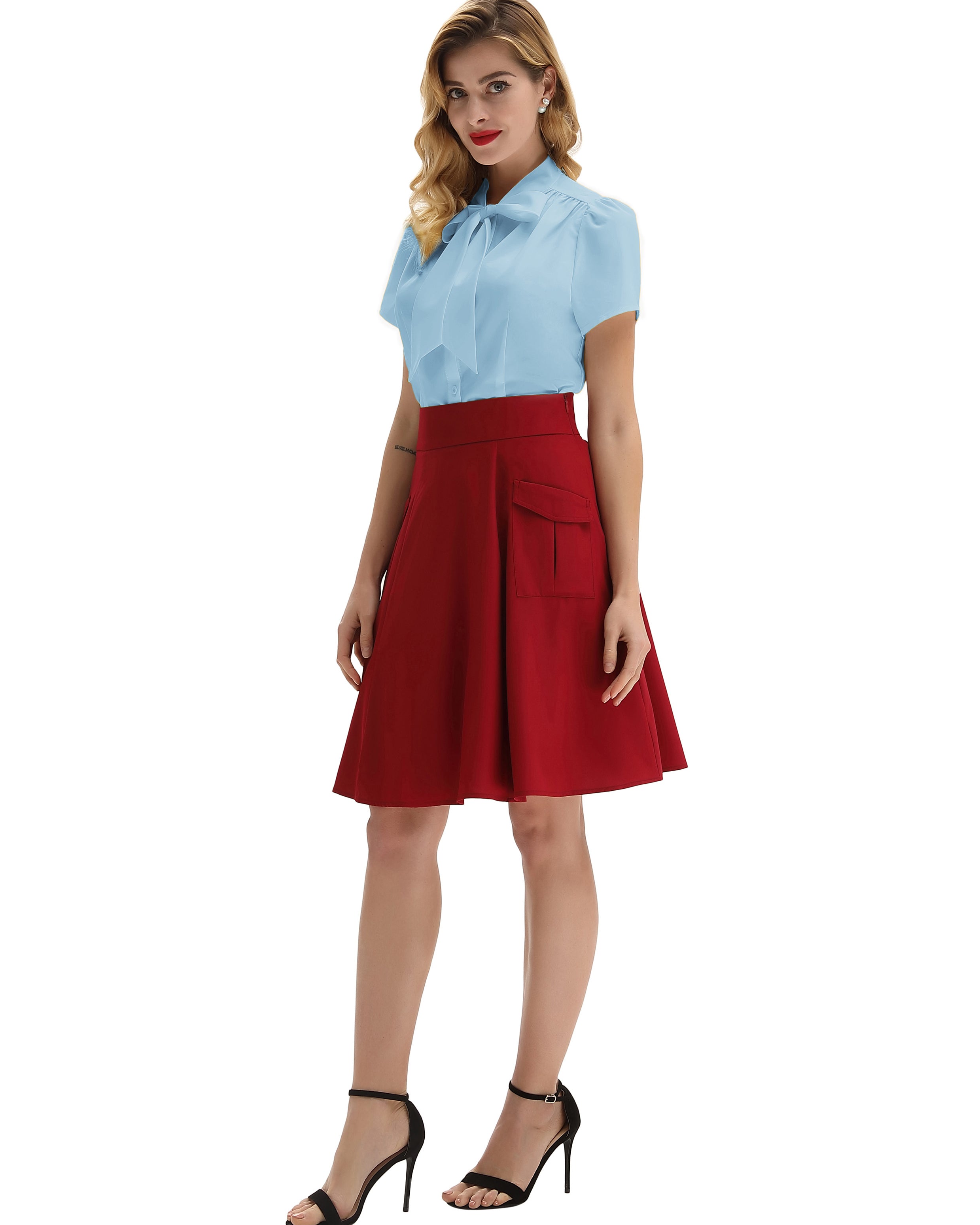 belle poque Summer Short Sleeve Office Button Down Blouse Stripe Shirt Tops with Bow Tie