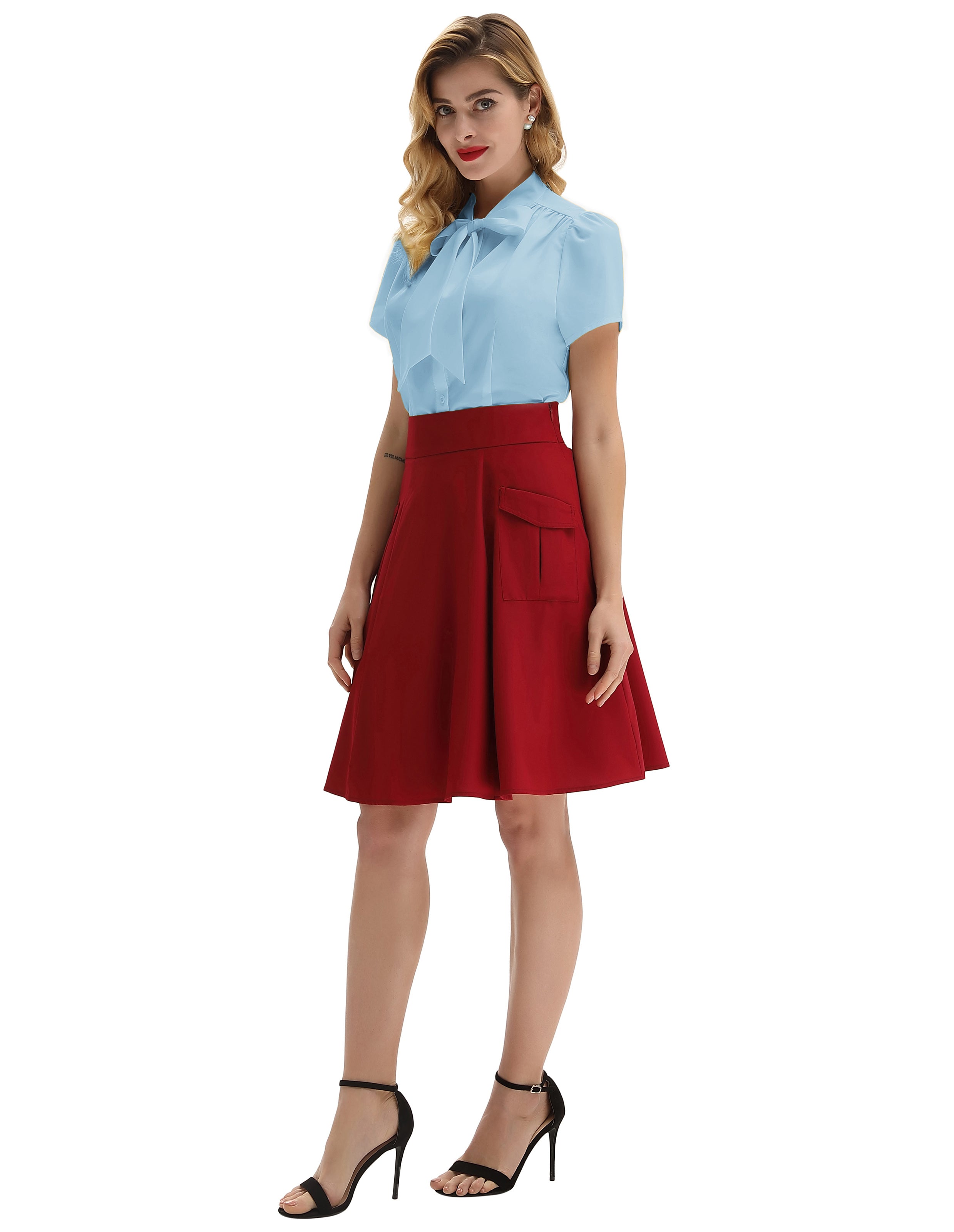 belle poque Summer Short Sleeve Office Button Down Blouse Stripe Shirt Tops with Bow Tie