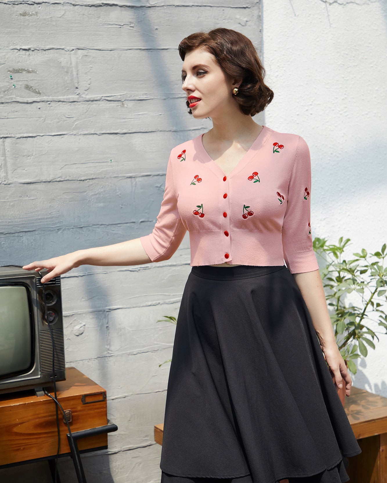 belle poque 3/4 Sleeve V-Neck Button Down Cherries Embroidery Cropped Cardigan Sweater Coat