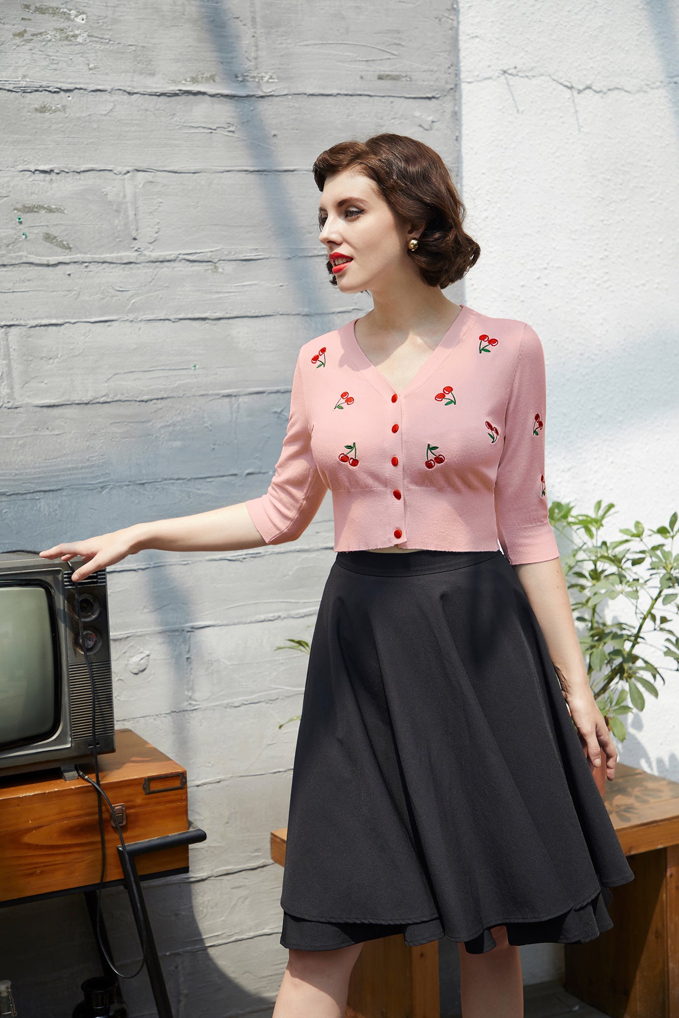 belle poque Women's 3/4 Sleeve Button Down Cherries Embroidery Cropped Cardigan Sweater Coat