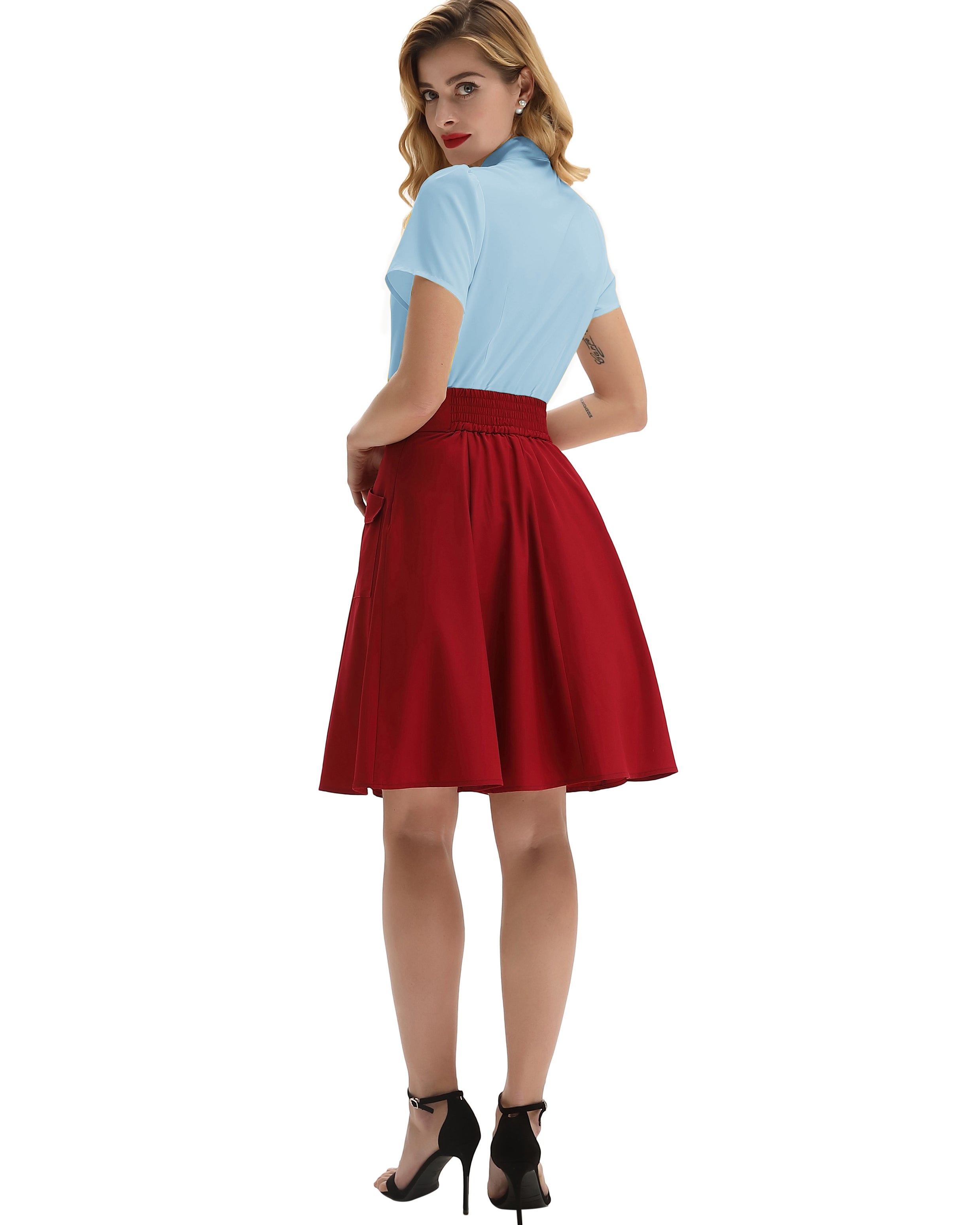 belle poque Summer Short Sleeve Office Button Down Blouse Stripe Shirt Tops with Bow Tie