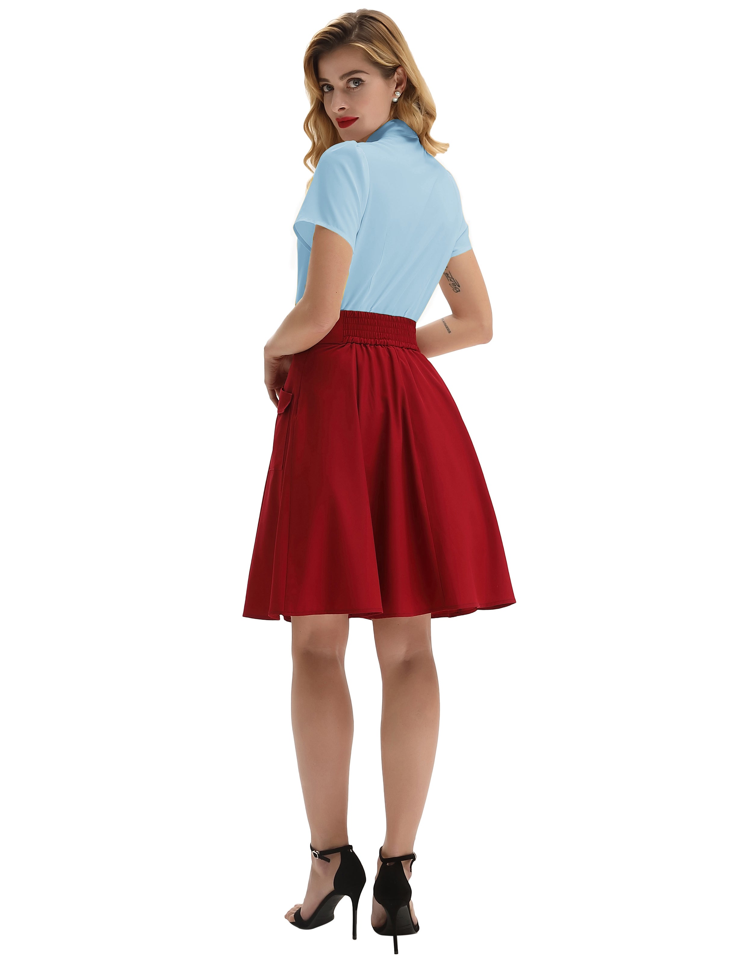 belle poque Summer Short Sleeve Office Button Down Blouse Stripe Shirt Tops with Bow Tie