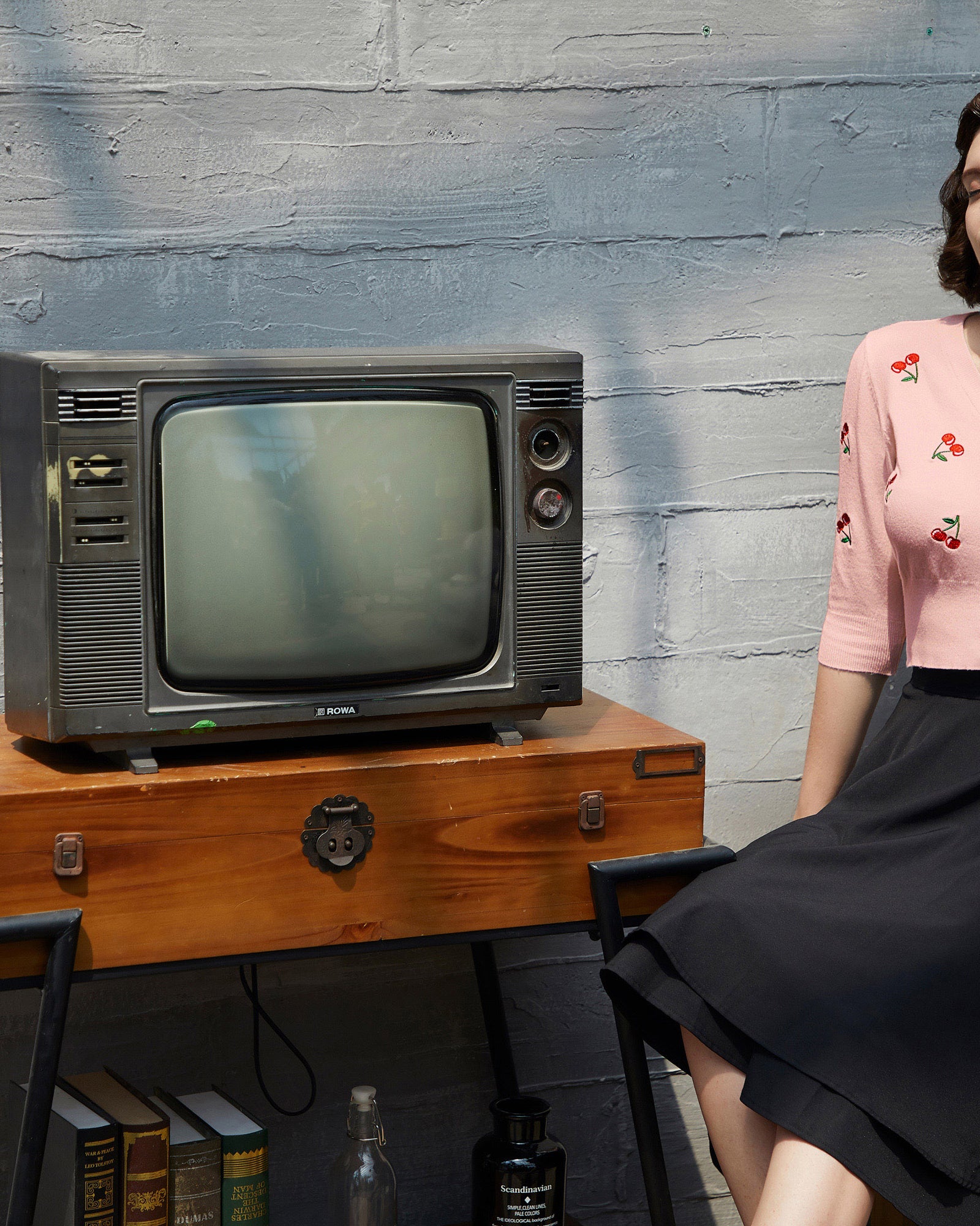 belle poque 3/4 Sleeve V-Neck Button Down Cherries Embroidery Cropped Cardigan Sweater Coat