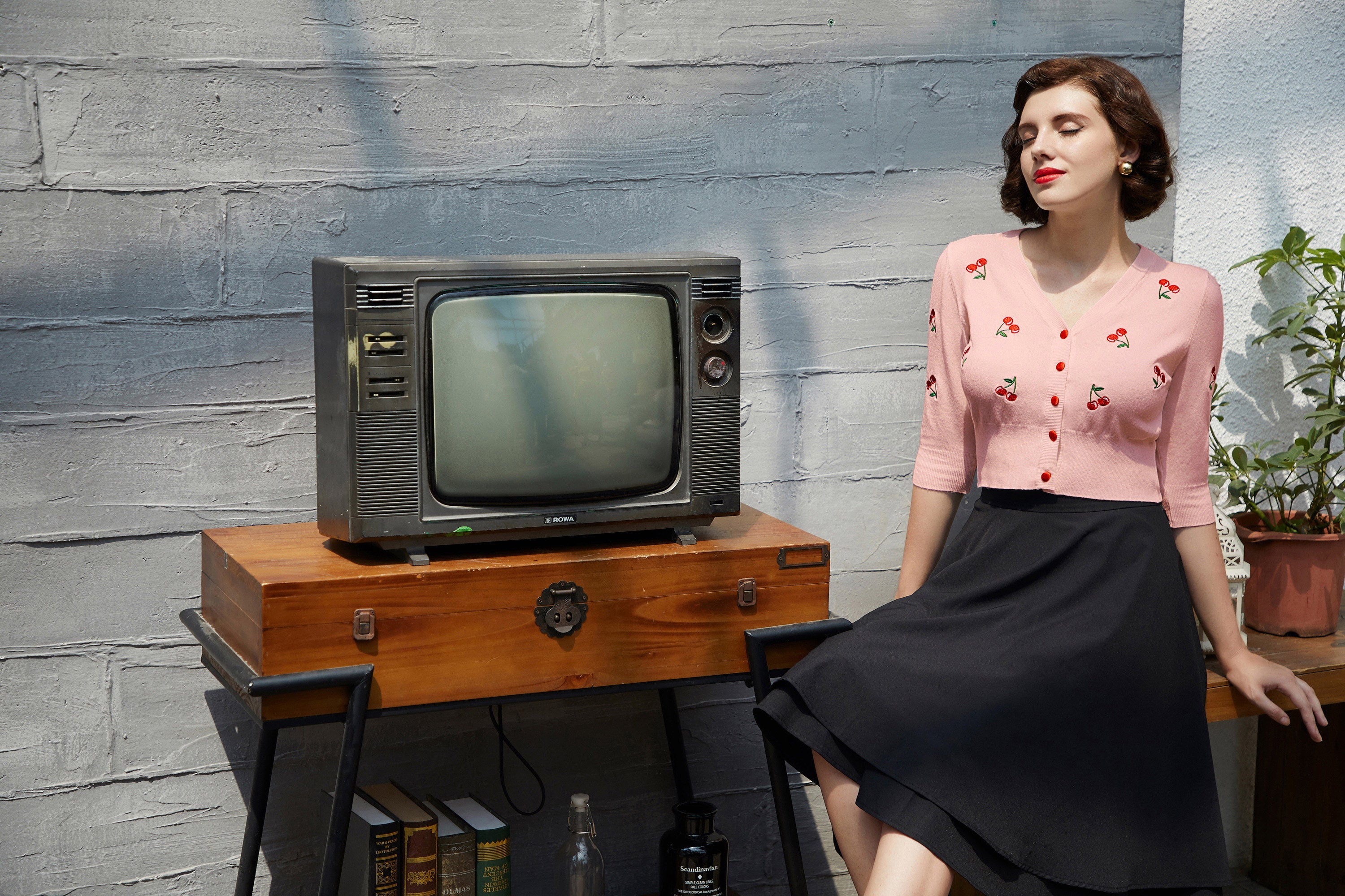 belle poque Women's 3/4 Sleeve Button Down Cherries Embroidery Cropped Cardigan Sweater Coat