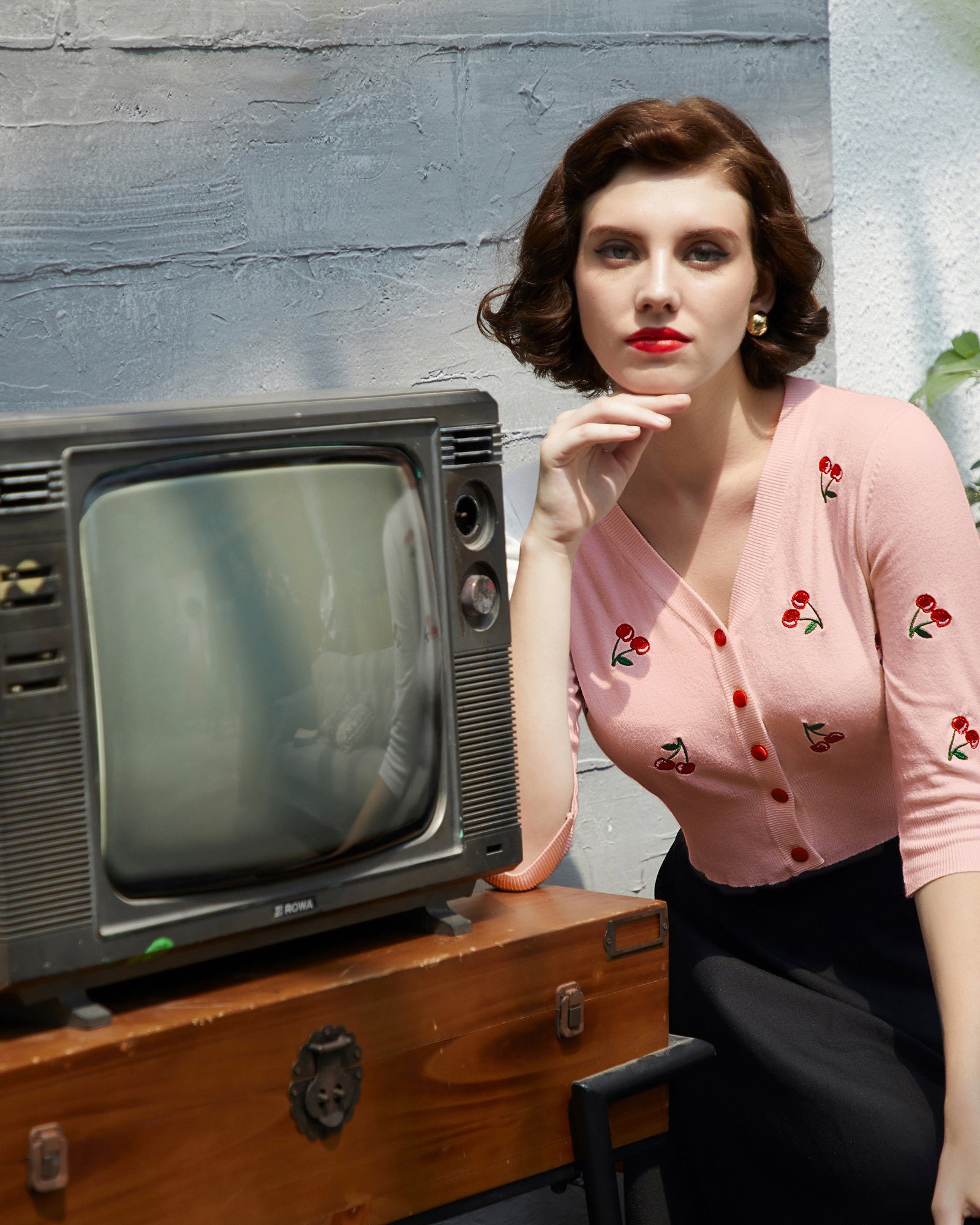 belle poque 3/4 Sleeve V-Neck Button Down Cherries Embroidery Cropped Cardigan Sweater Coat