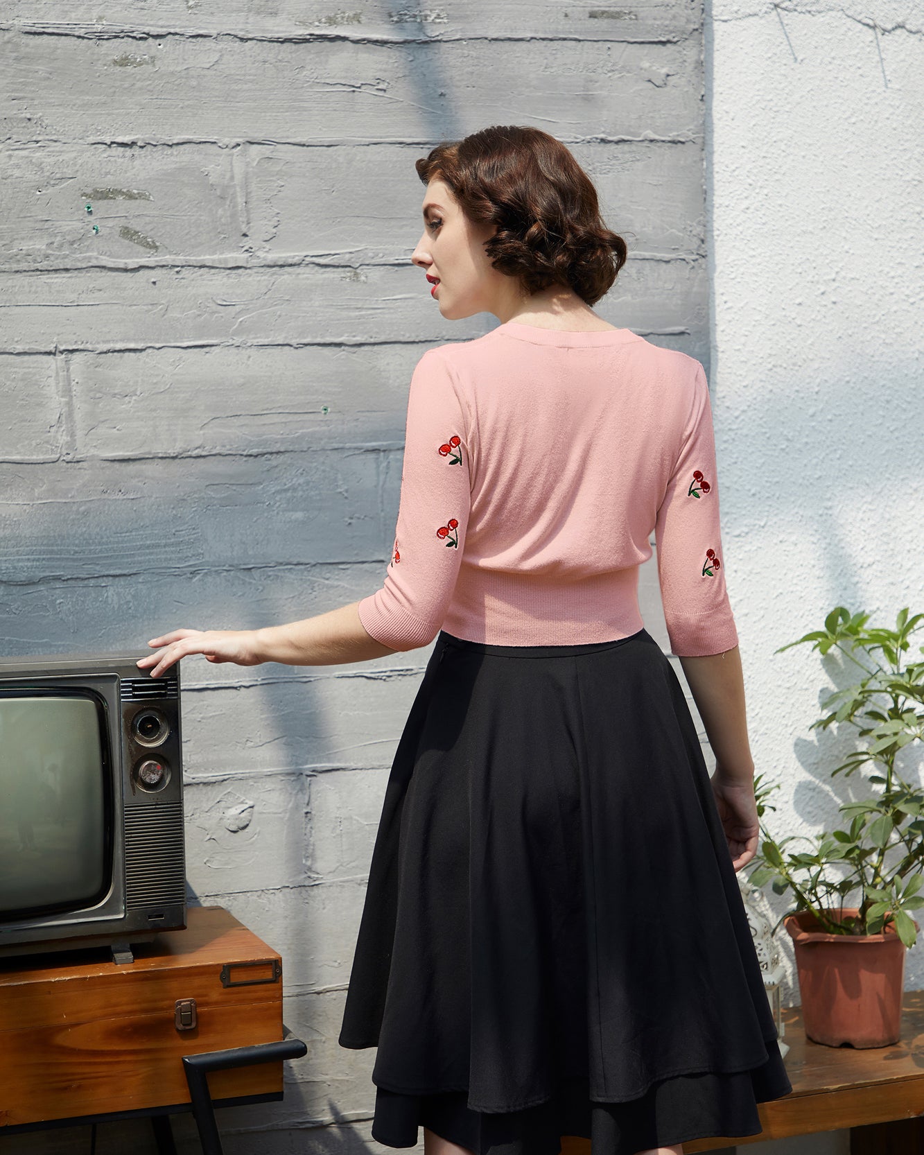 belle poque 3/4 Sleeve V-Neck Button Down Cherries Embroidery Cropped Cardigan Sweater Coat