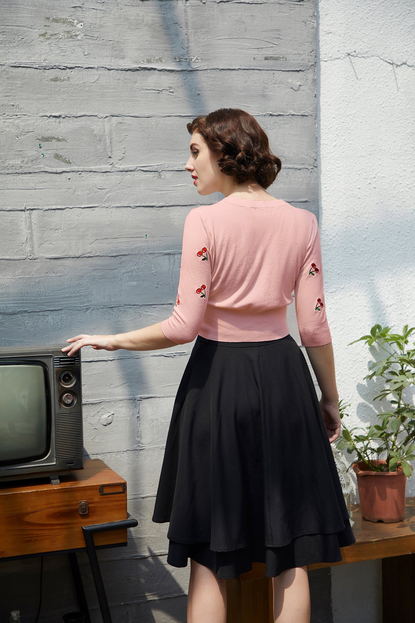 belle poque Women's 3/4 Sleeve Button Down Cherries Embroidery Cropped Cardigan Sweater Coat