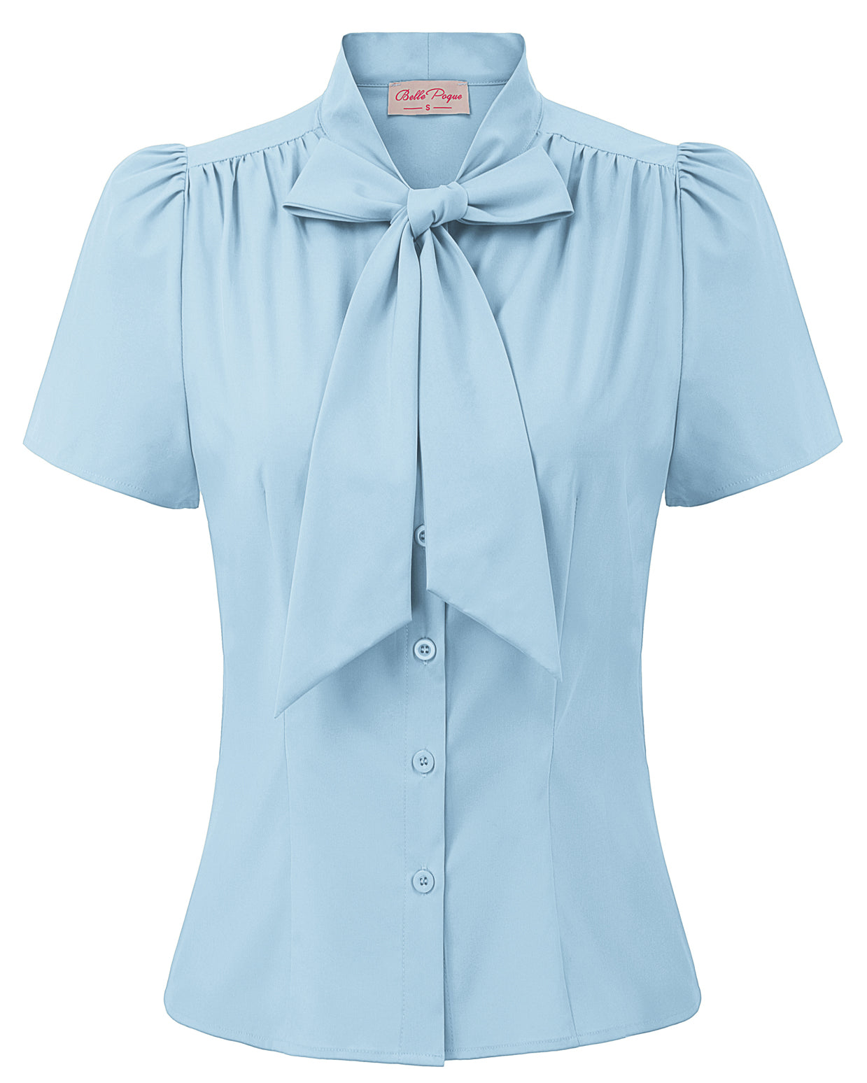belle poque Summer Short Sleeve Office Button Down Blouse Stripe Shirt Tops with Bow Tie Blue
