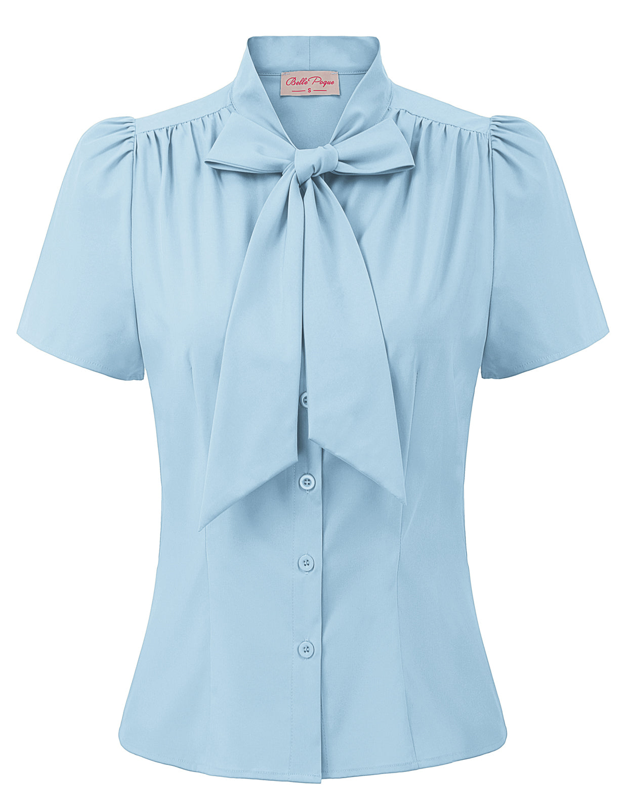 belle poque Summer Short Sleeve Office Button Down Blouse Stripe Shirt Tops with Bow Tie Blue