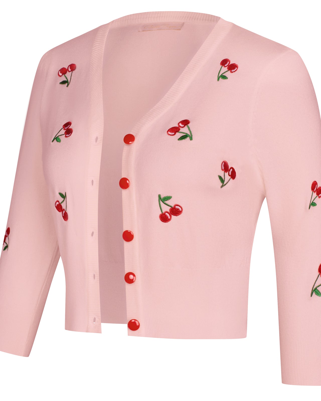 belle poque 3/4 Sleeve V-Neck Button Down Cherries Embroidery Cropped Cardigan Sweater Coat