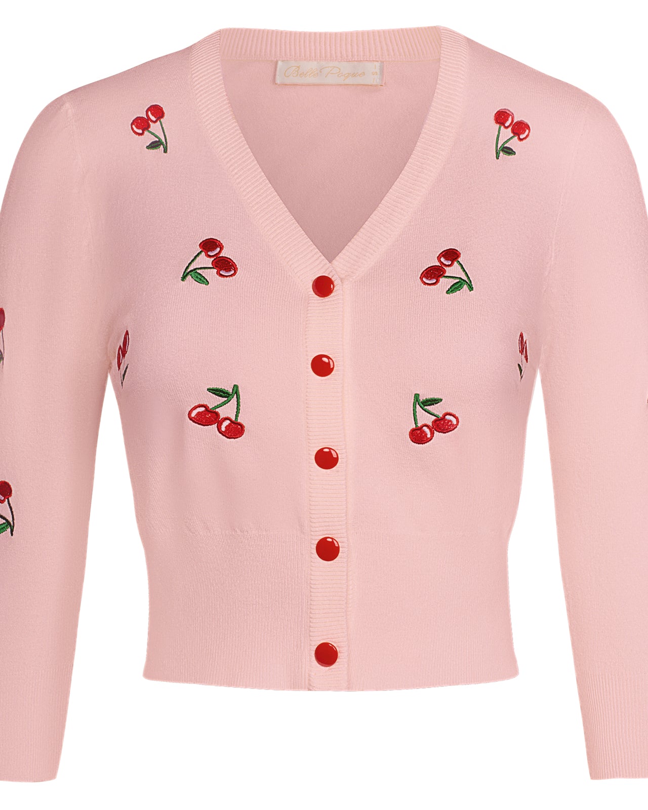 belle poque 3/4 Sleeve V-Neck Button Down Cherries Embroidery Cropped Cardigan Sweater Coat