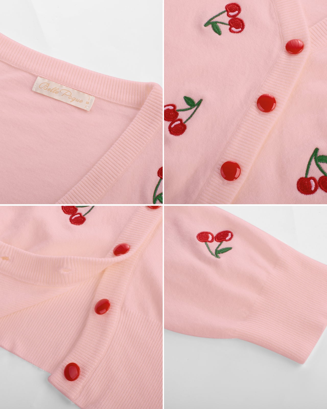 belle poque 3/4 Sleeve V-Neck Button Down Cherries Embroidery Cropped Cardigan Sweater Coat