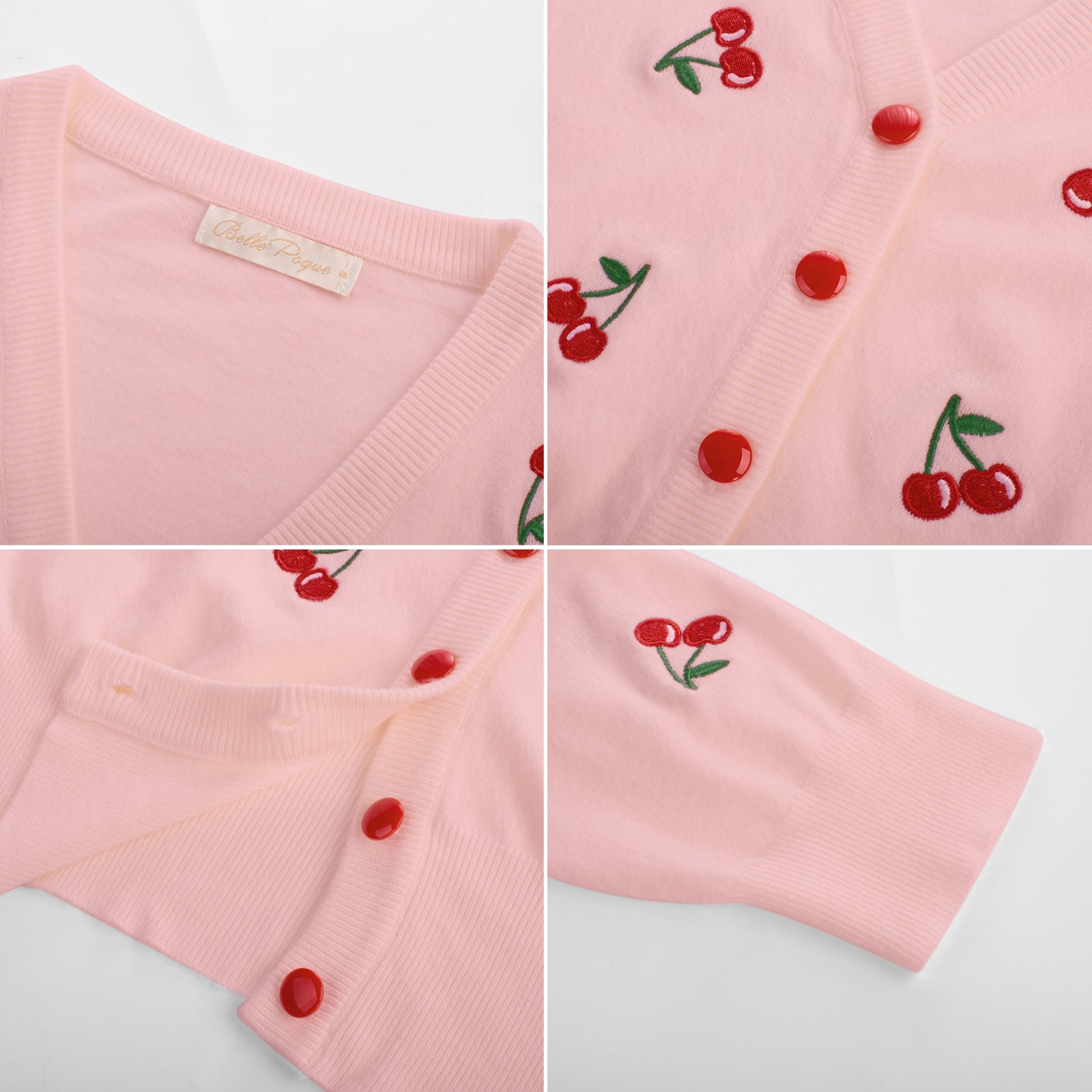 belle poque Women's 3/4 Sleeve Button Down Cherries Embroidery Cropped Cardigan Sweater Coat