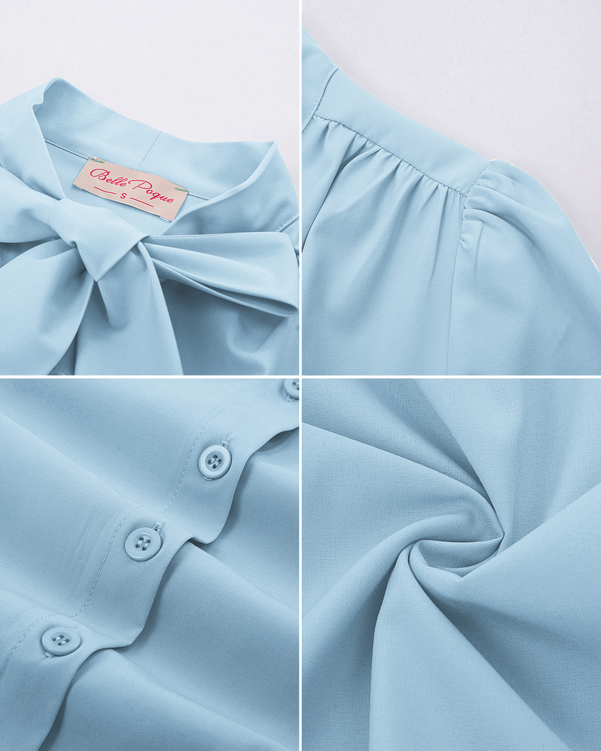 belle poque Summer Short Sleeve Office Button Down Blouse Stripe Shirt Tops with Bow Tie