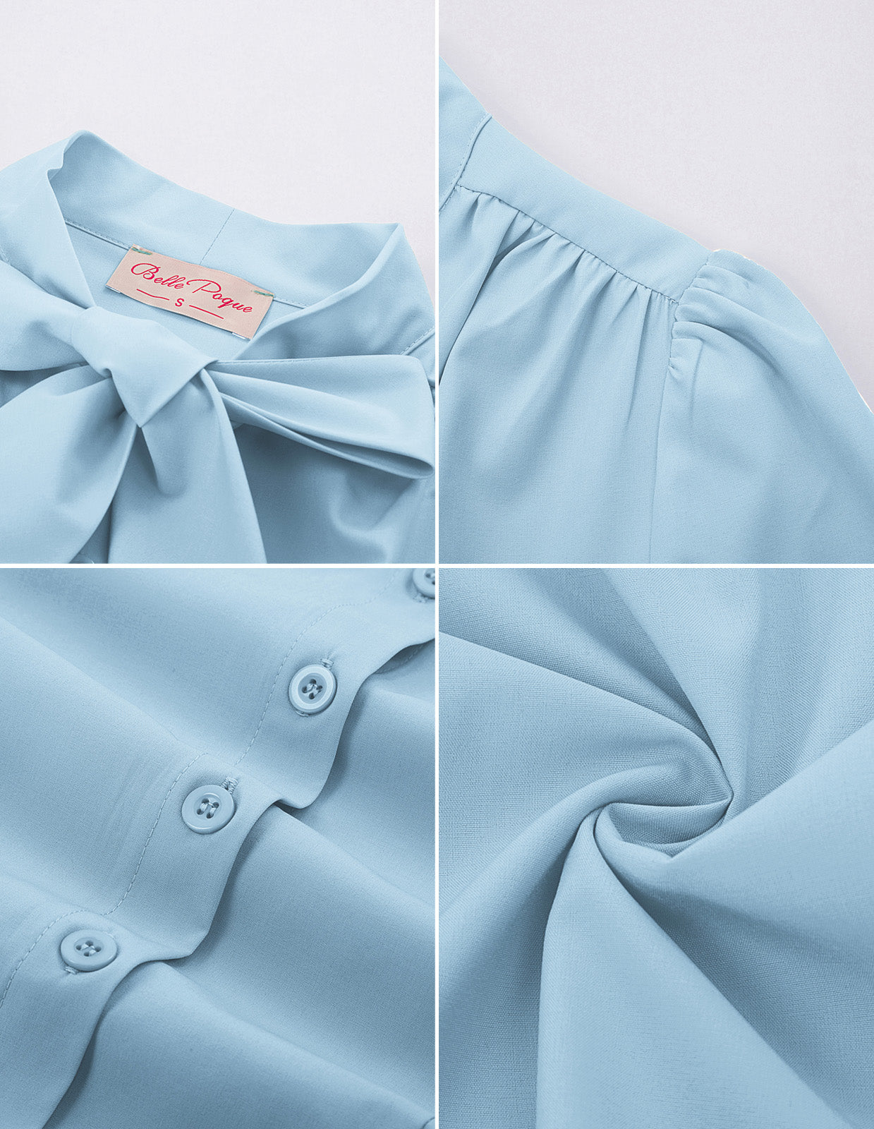 belle poque Summer Short Sleeve Office Button Down Blouse Stripe Shirt Tops with Bow Tie