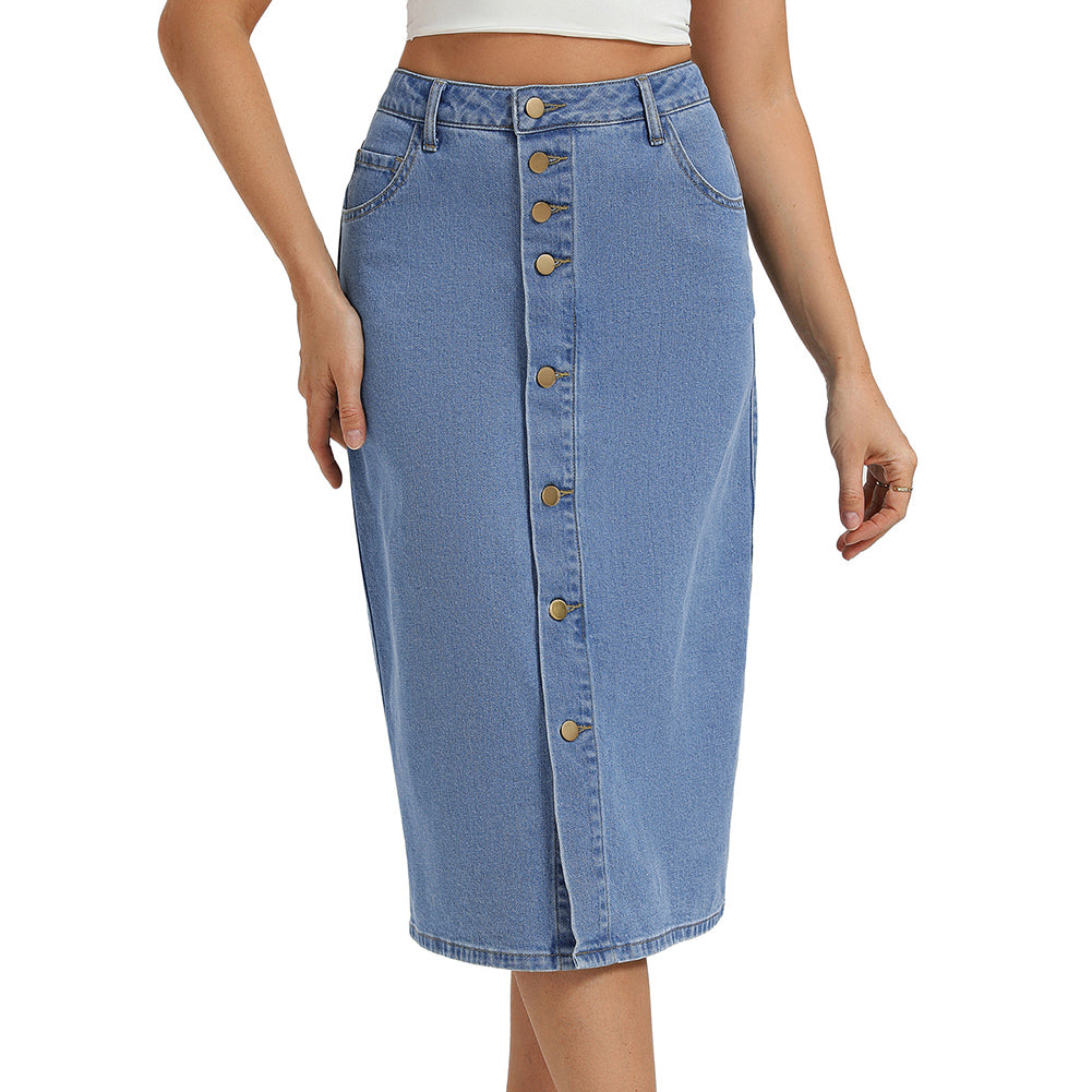 belle poque 1980s Vintage Jean Skirts for Women Front Slit Midi Skirt with Pockets Light Blue