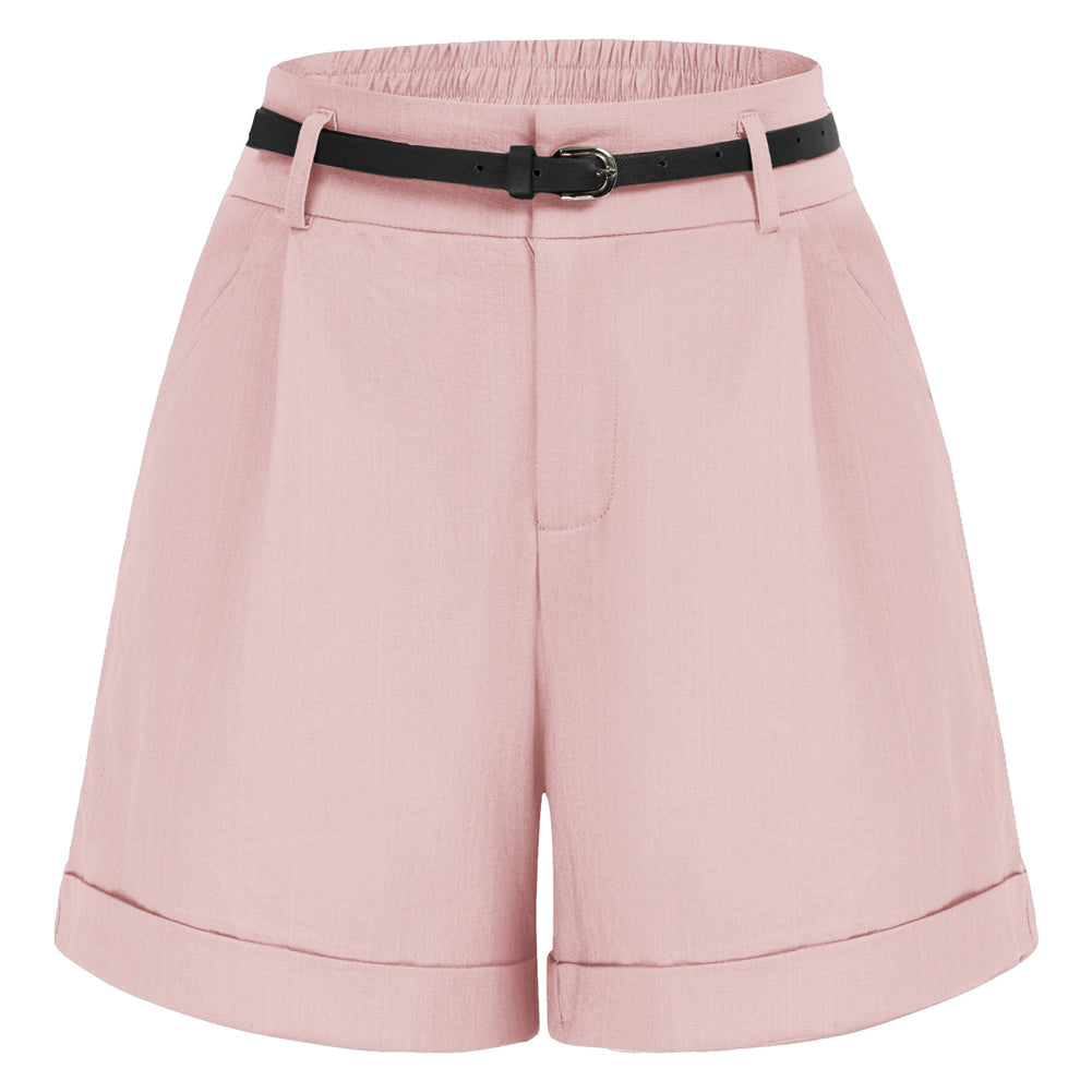 belle poque 2026 Spring Summer Classic Bermuda Short Wide Leg Shorts with Pockets & Belts Pink