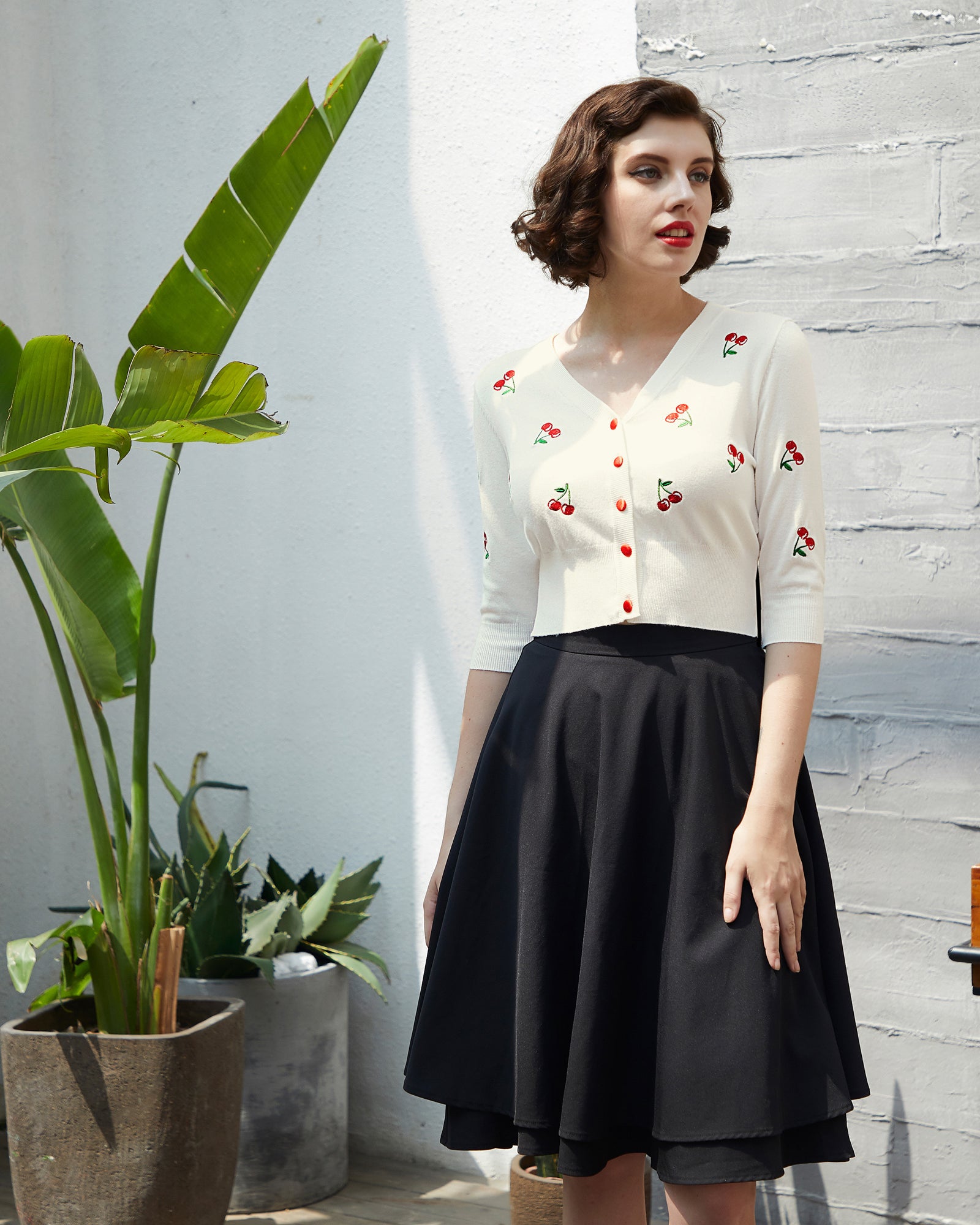 belle poque 3/4 Sleeve V-Neck Button Down Cherries Embroidery Cropped Cardigan Sweater Coat