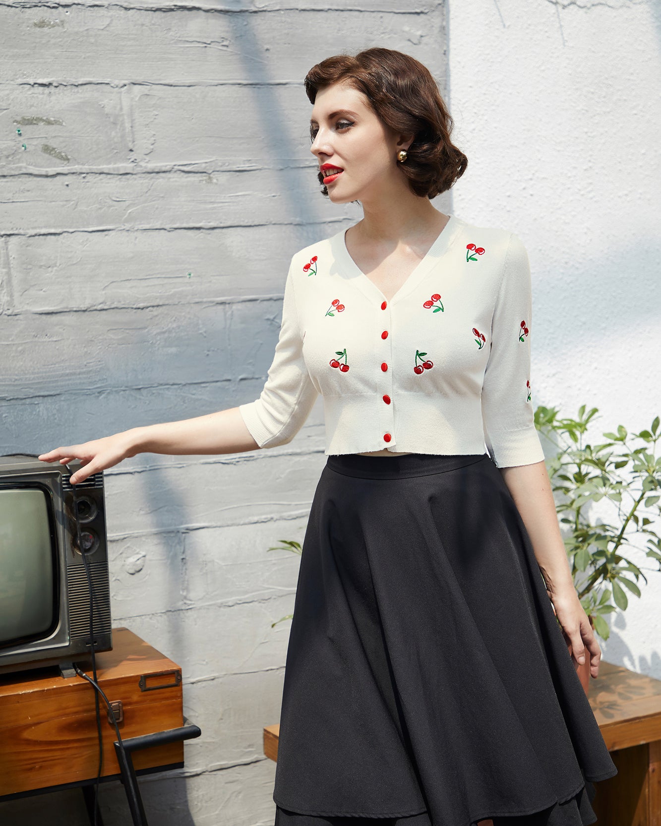 belle poque 3/4 Sleeve V-Neck Button Down Cherries Embroidery Cropped Cardigan Sweater Coat