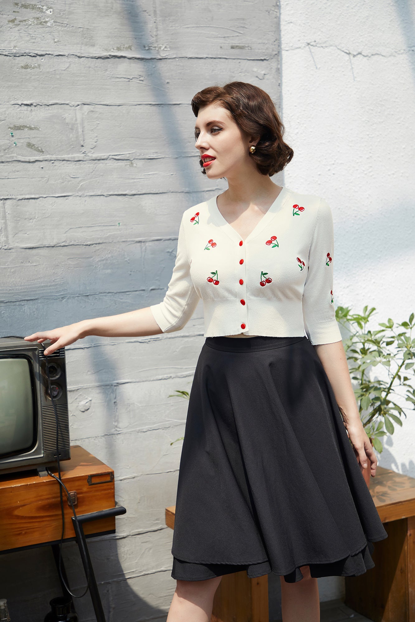 belle poque Women's 3/4 Sleeve Button Down Cherries Embroidery Cropped Cardigan Sweater Coat