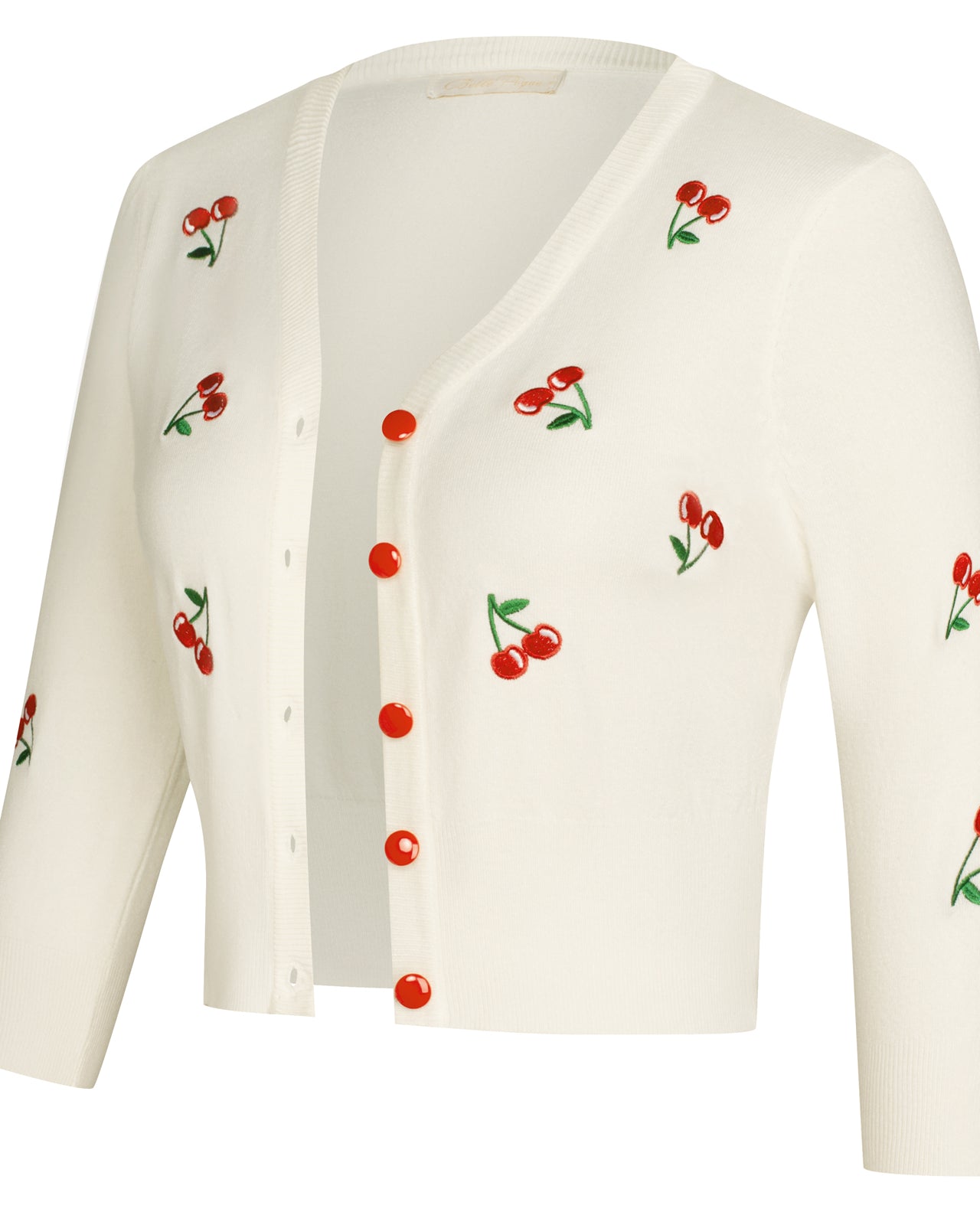 belle poque 3/4 Sleeve V-Neck Button Down Cherries Embroidery Cropped Cardigan Sweater Coat