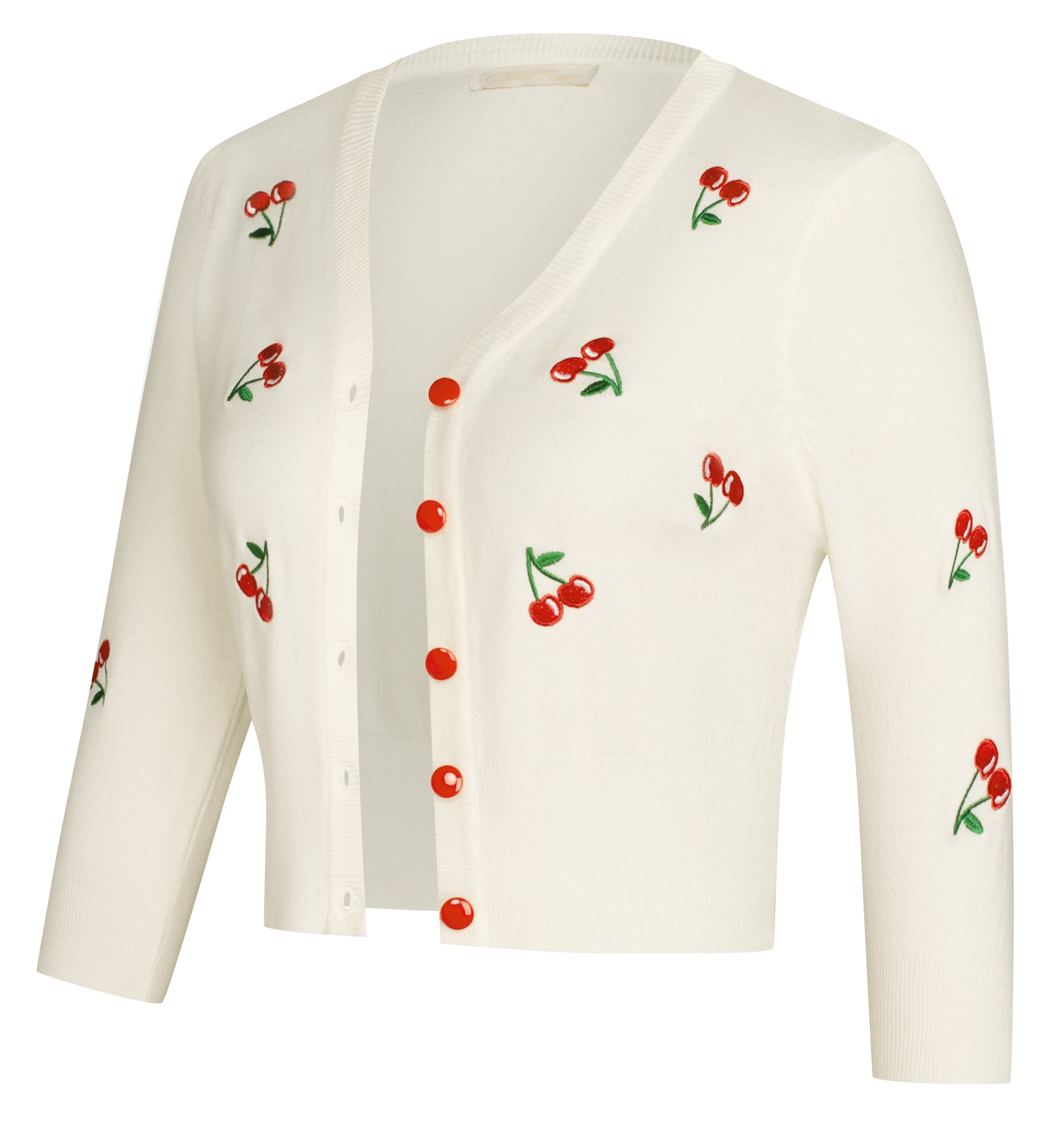 belle poque Women's 3/4 Sleeve Button Down Cherries Embroidery Cropped Cardigan Sweater Coat