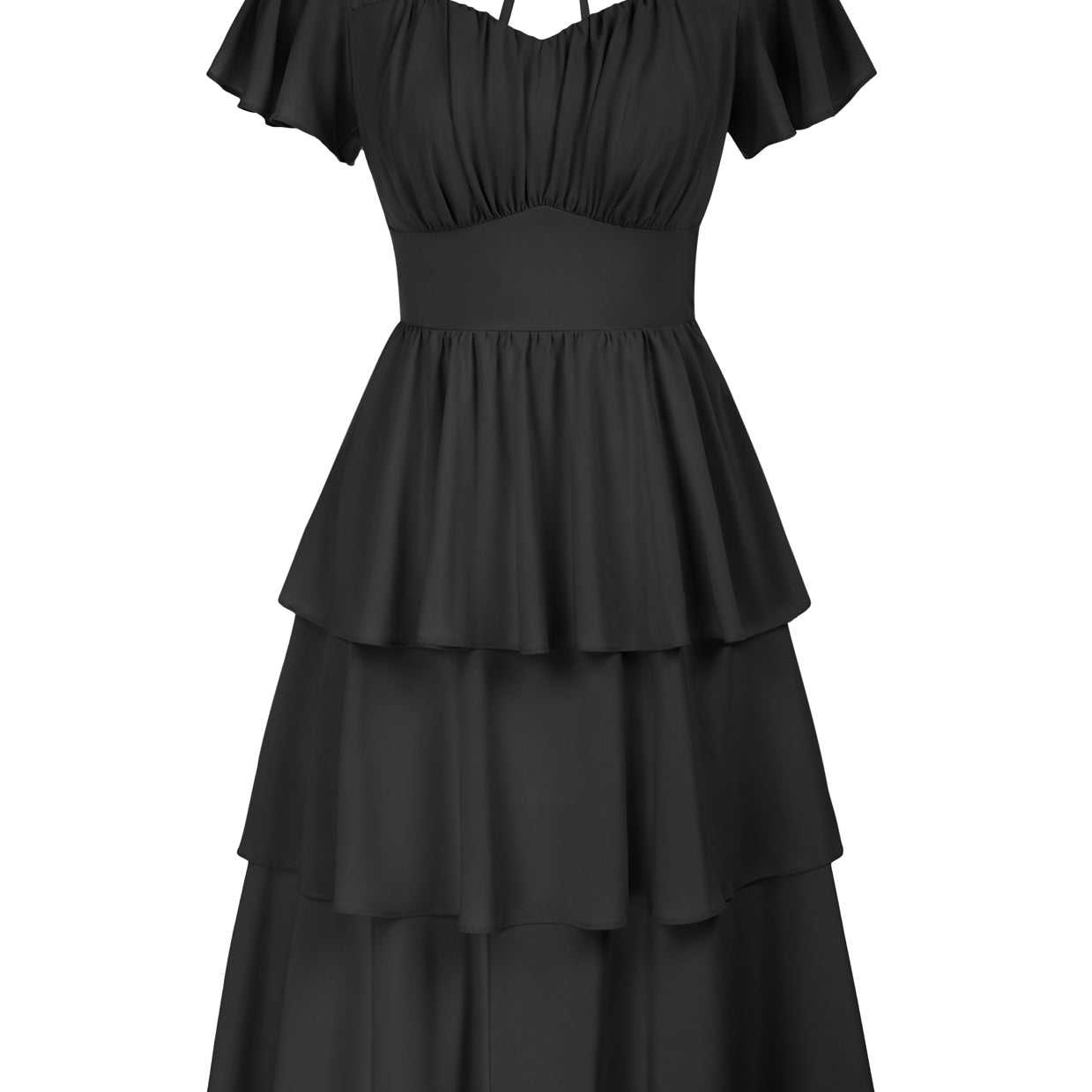 belle poque Floral Print Tiered Ruffle Dress 2026 Summer Vintage A-line Swing Midi Dress BLACK