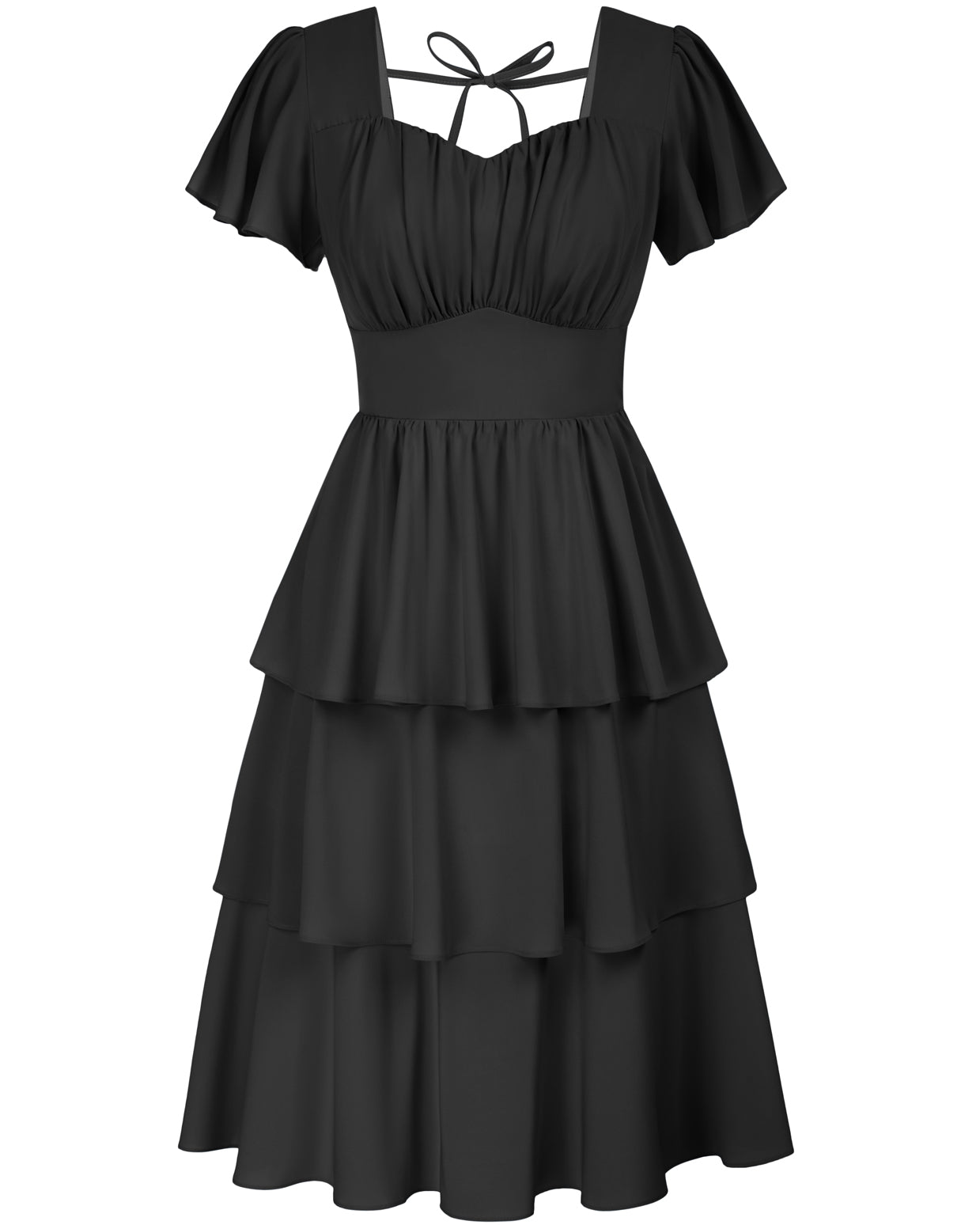 belle poque Floral Print Tiered Ruffle Dress 2026 Summer Vintage A-line Swing Midi Dress BLACK