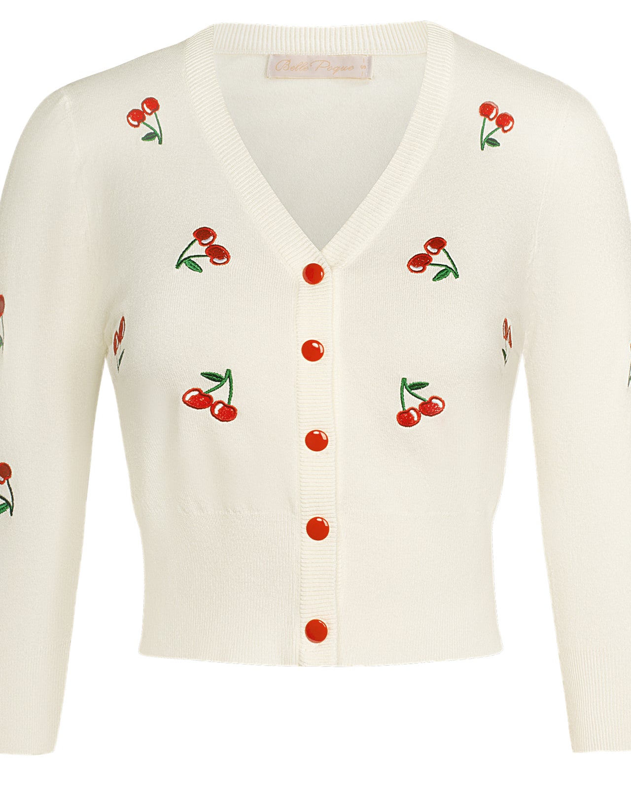 belle poque 3/4 Sleeve V-Neck Button Down Cherries Embroidery Cropped Cardigan Sweater Coat