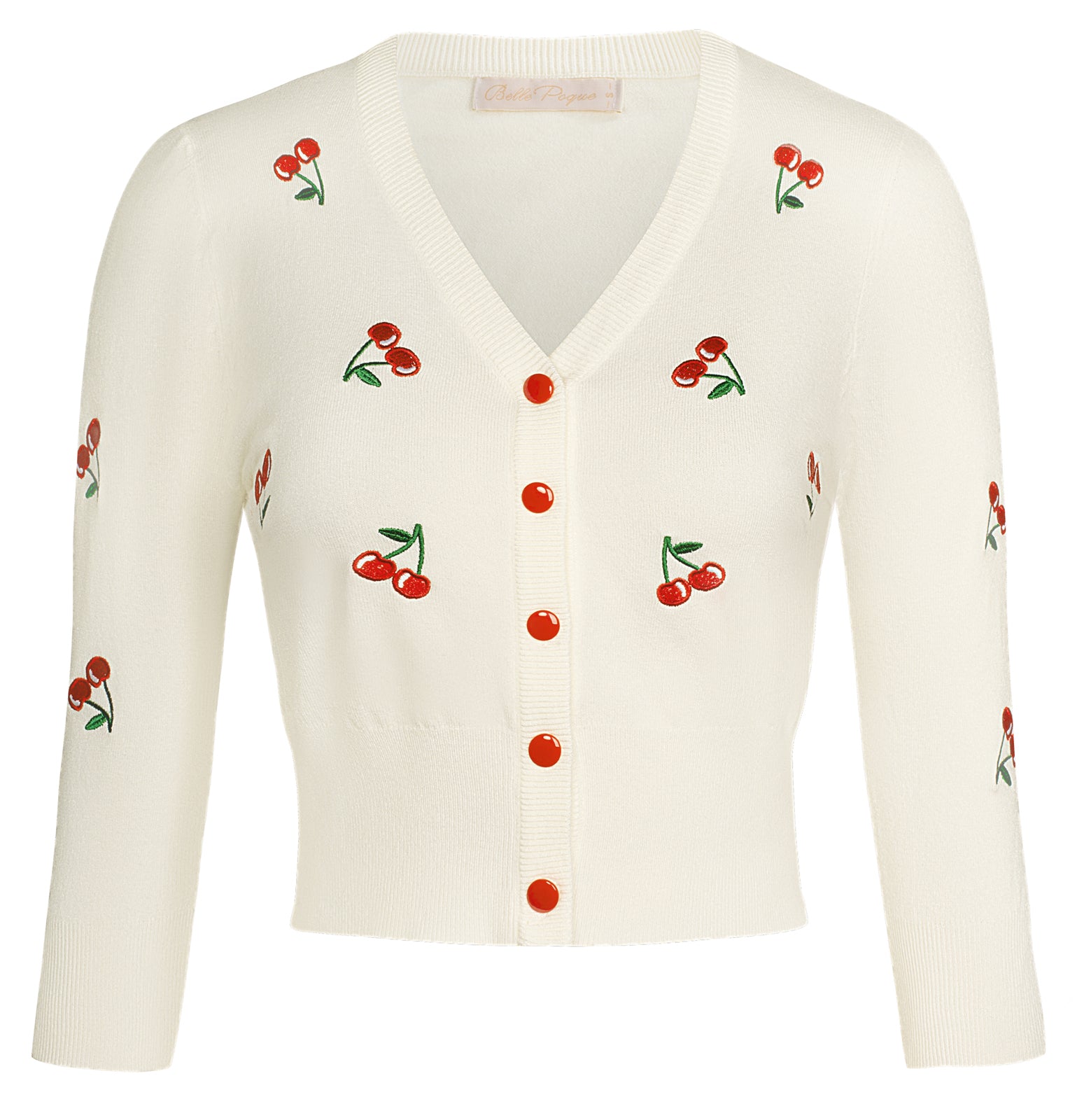 belle poque Women's 3/4 Sleeve Button Down Cherries Embroidery Cropped Cardigan Sweater Coat