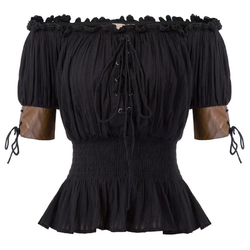belle poque Steampunk Victorian Half Sleeve Boho Off Shoulder Pirate Tops Black