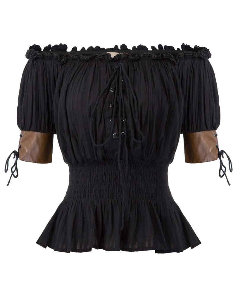 belle poque Steampunk Victorian Half Sleeve Boho Off Shoulder Pirate Tops Black