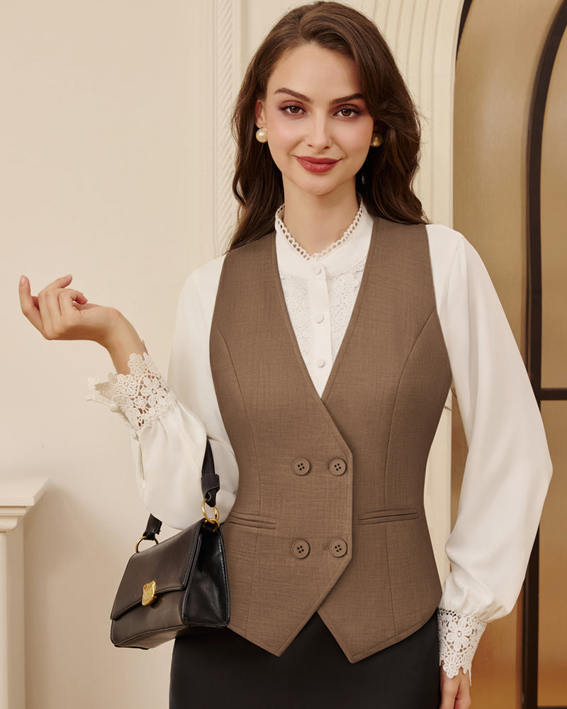 belle poque Women Double Breasted Vest Coat V-Neck Handkerchief Hem Business Waistcoat
