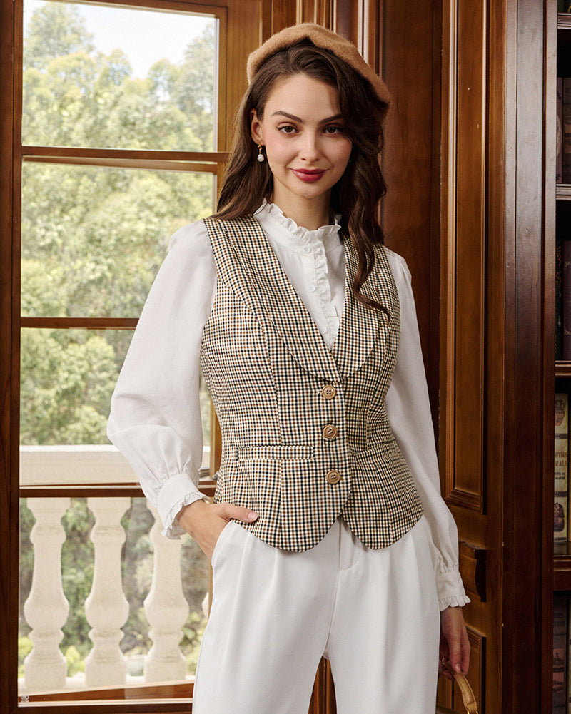 belle poque Vintage Lapel Collar Suit Vest Tops for Women Work Dressy Waistcoat Blazer with Pockets