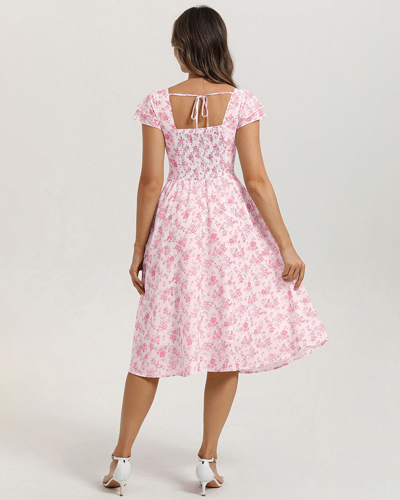 belle poque 1950s Women's Sweatheart Floral Dress Ruched Midi Garden Party Dress