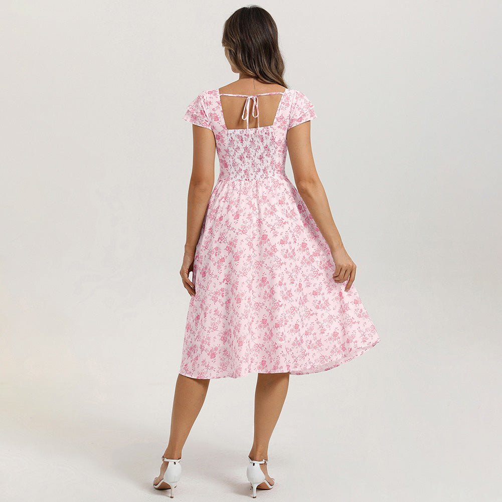 belle poque 1950s Women's Sweatheart Floral Dress Ruched Midi Garden Party Dress