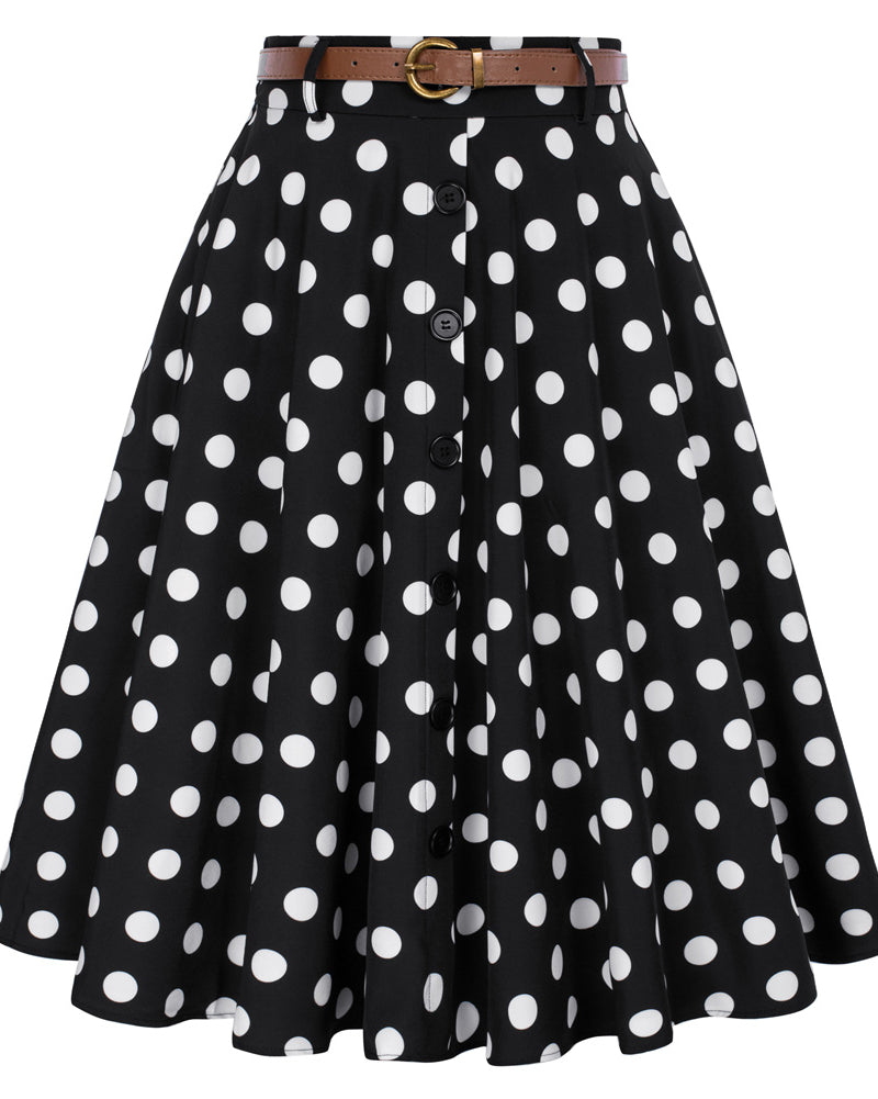 belle poque Swing Skirt with Belt Elastic High Waist Buttons Decorated Skirt Black Polka Dots