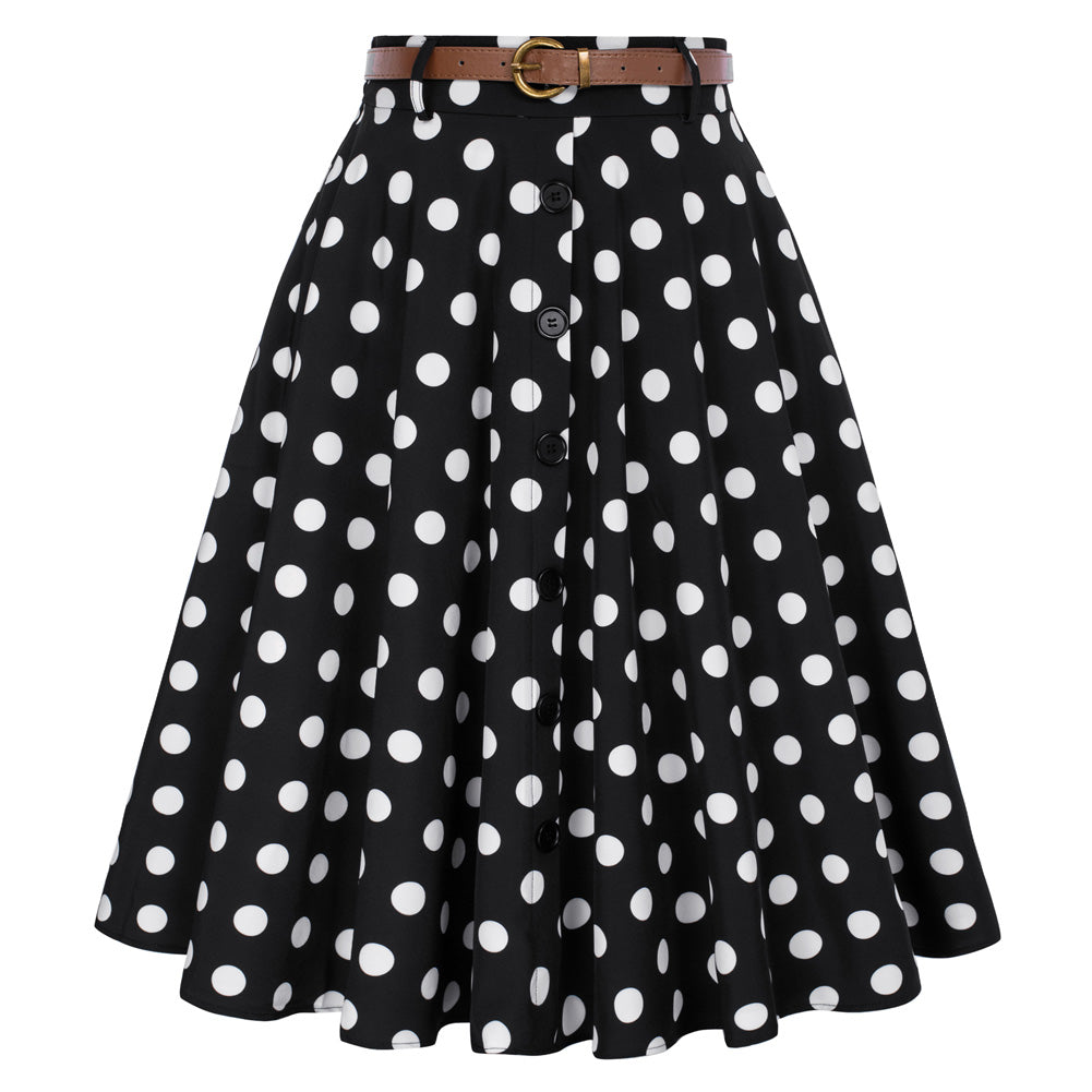 belle poque Swing Skirt with Belt Elastic High Waist Buttons Decorated Skirt Black Polka Dots
