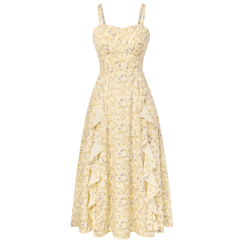 belle poque Long Fairy Dress with Ruffle Trim Empire Waist Dress for Women Summer Yellow